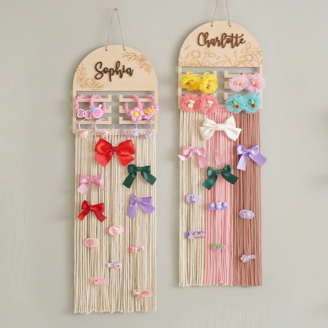Personalized Macrame Bow Holder - Wooden Wall Organizer for Girls H97