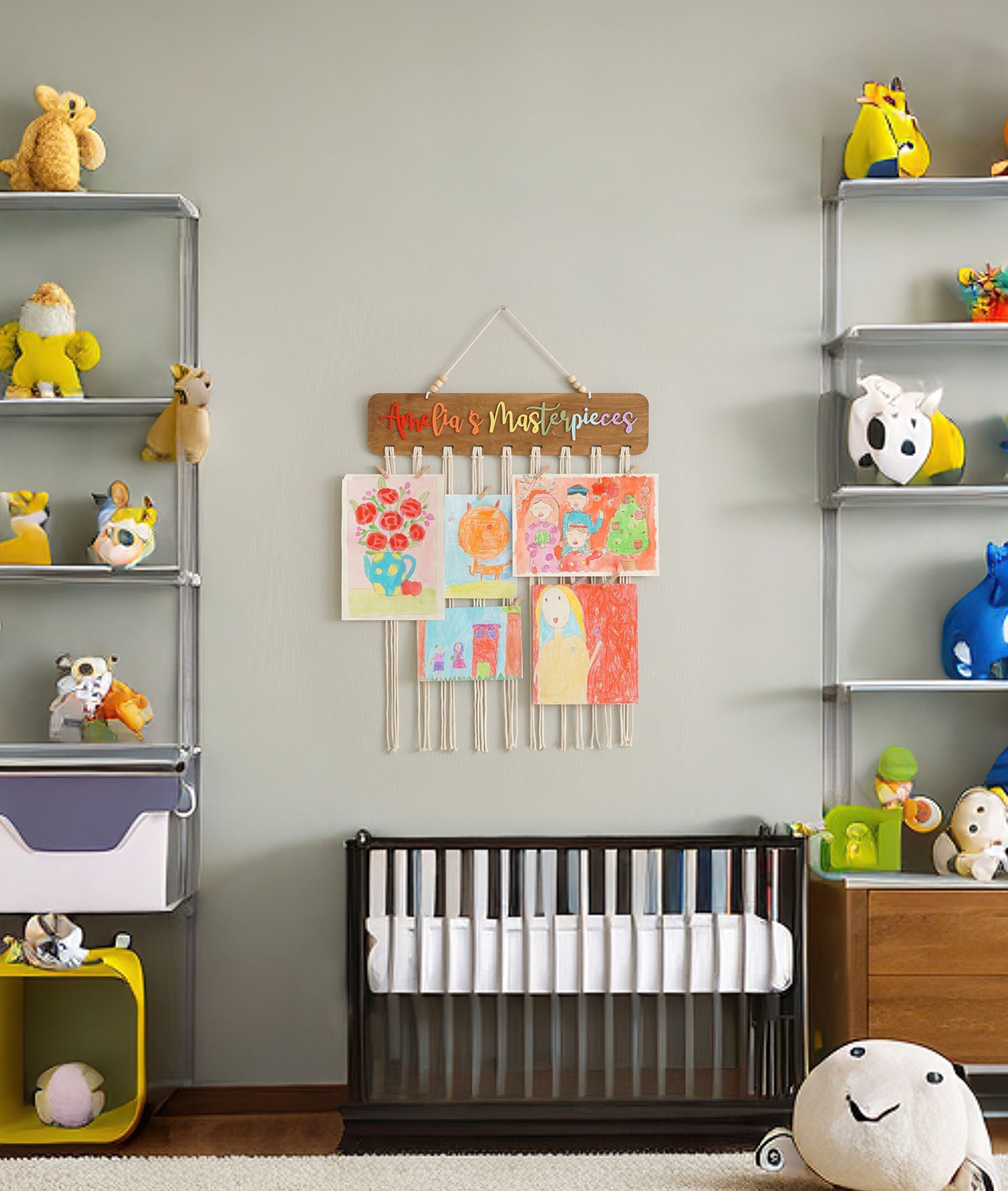 Personalized Kids' Art Display Hanger – Macrame Wall Organizer I28