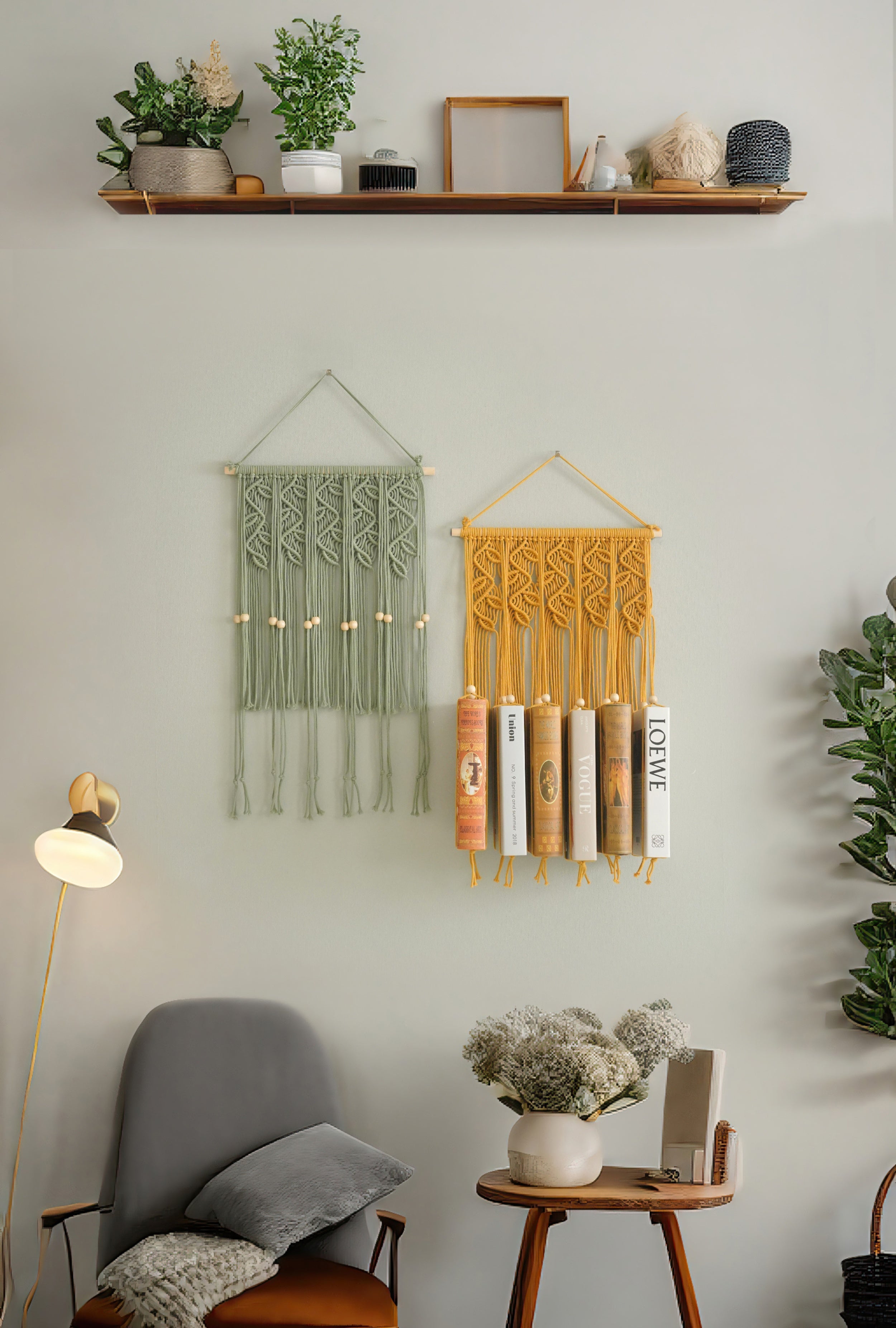 Macrame Wall Hanging Bookshelf for Boho Living Room Decor I34