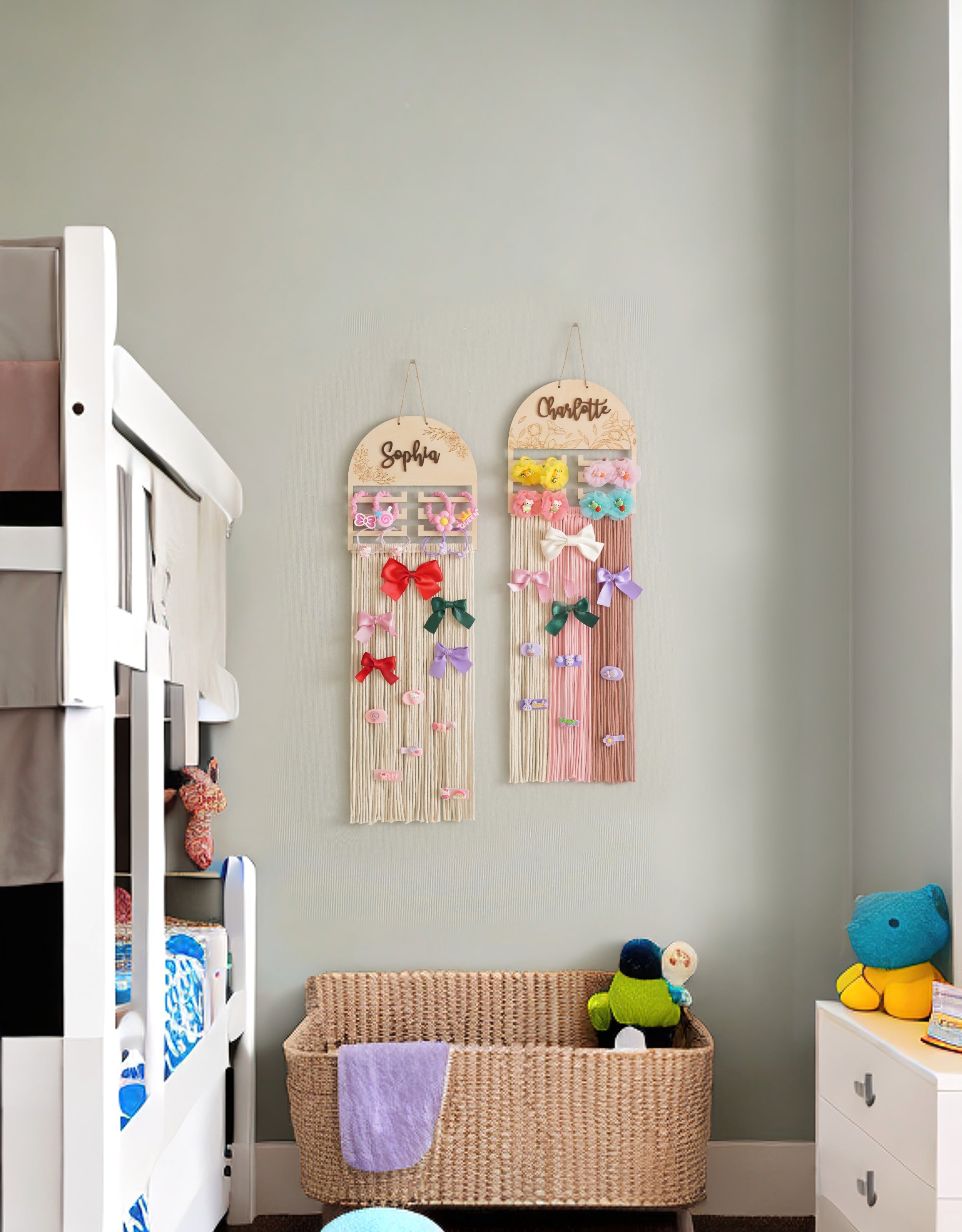 Personalized Macrame Bow Holder - Wooden Wall Organizer for Girls H97