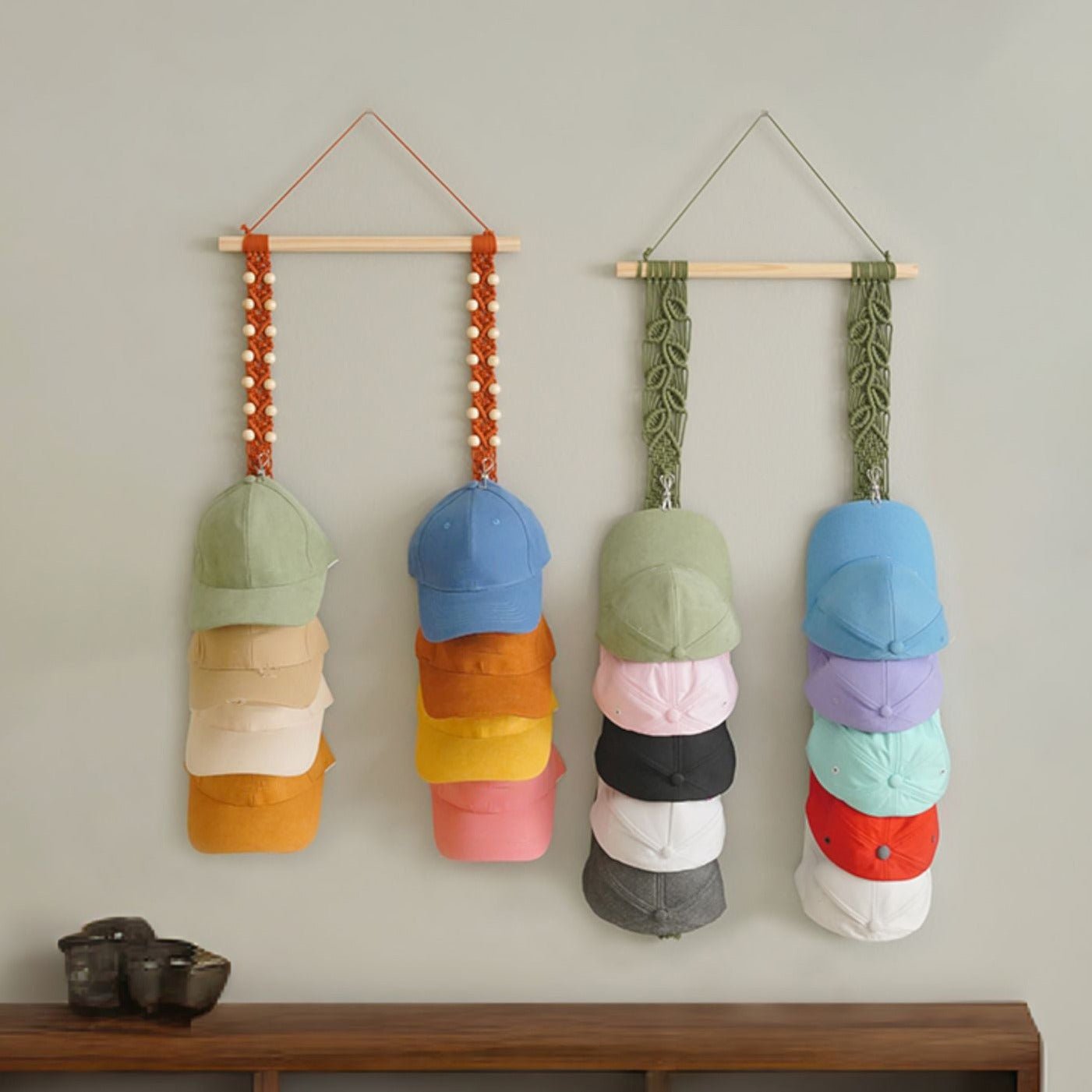 Macrame Hat Holder – Hanging Baseball Cap Organizer for Wall I21