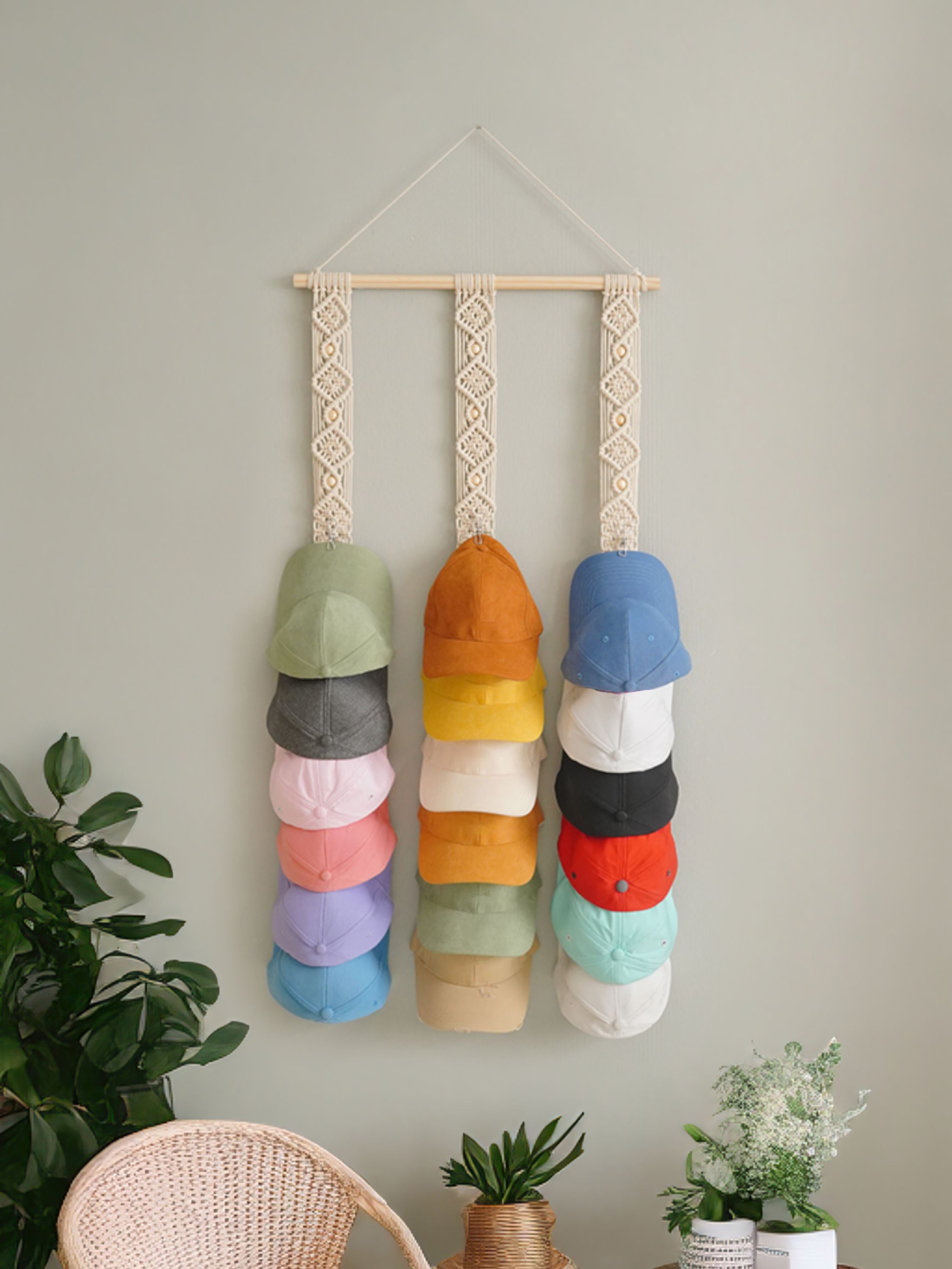 Macrame Hat Holder – Hanging Baseball Cap Organizer for Wall I21