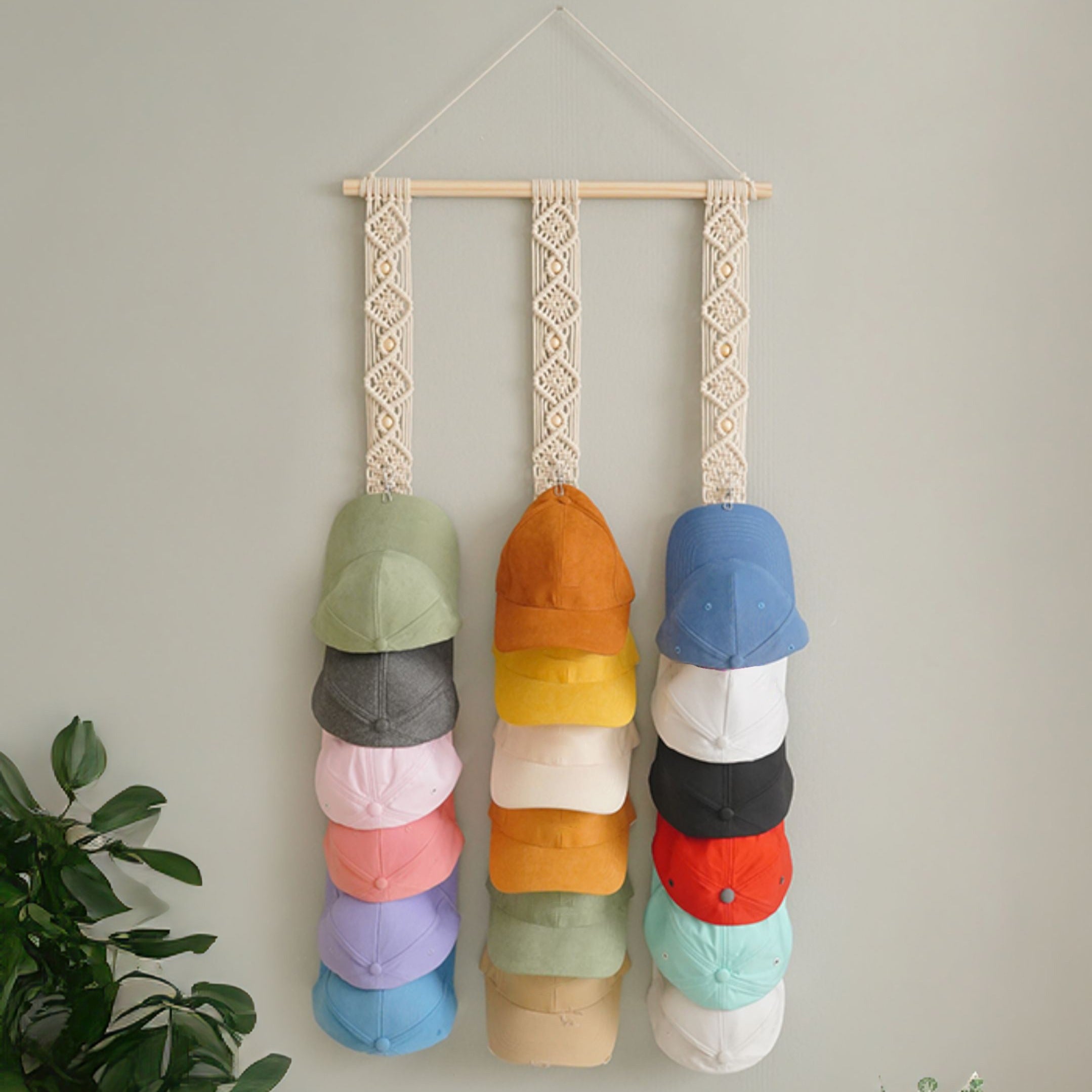 Macrame Hat Holder – Hanging Baseball Cap Organizer for Wall I21