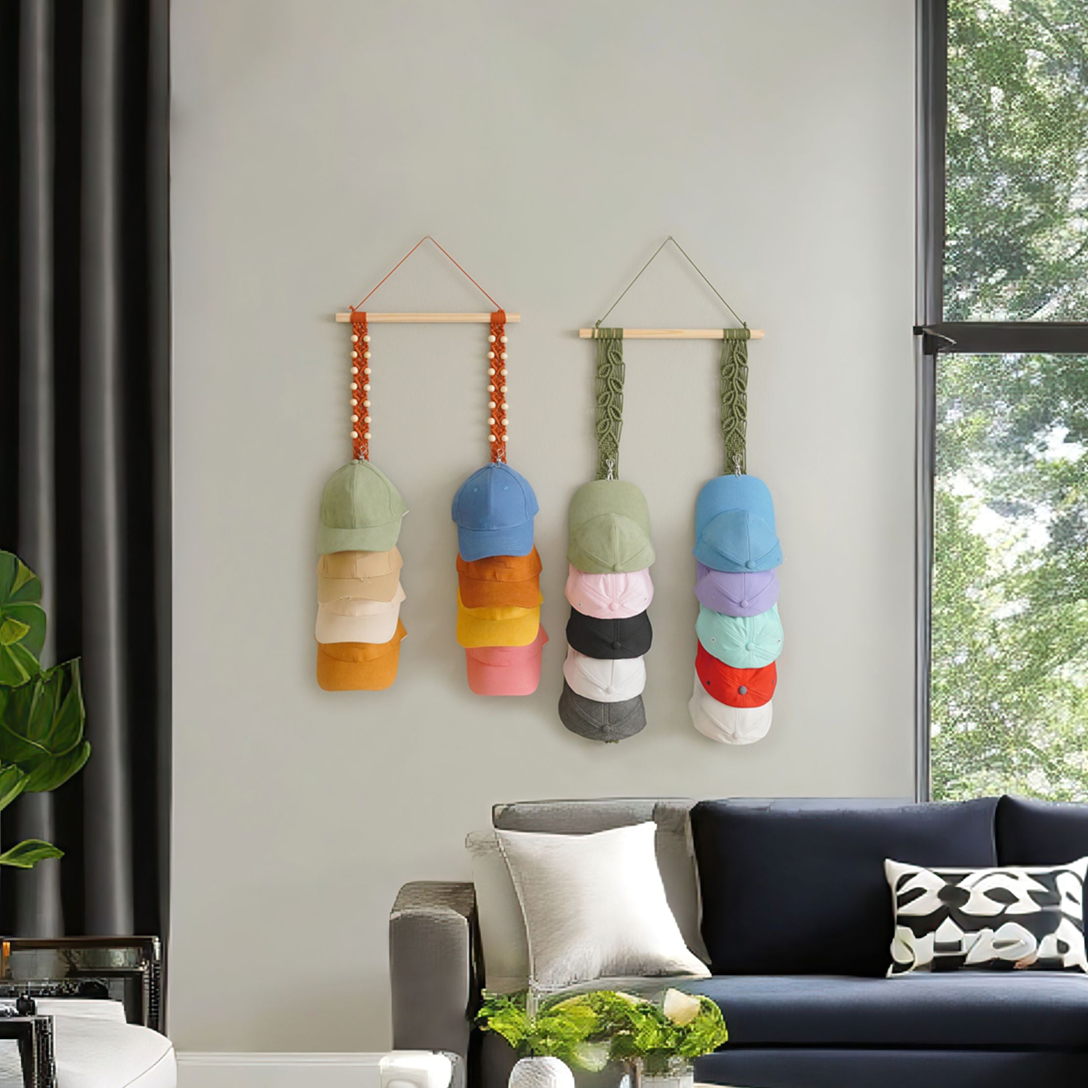 Macrame Hat Holder – Hanging Baseball Cap Organizer for Wall I21