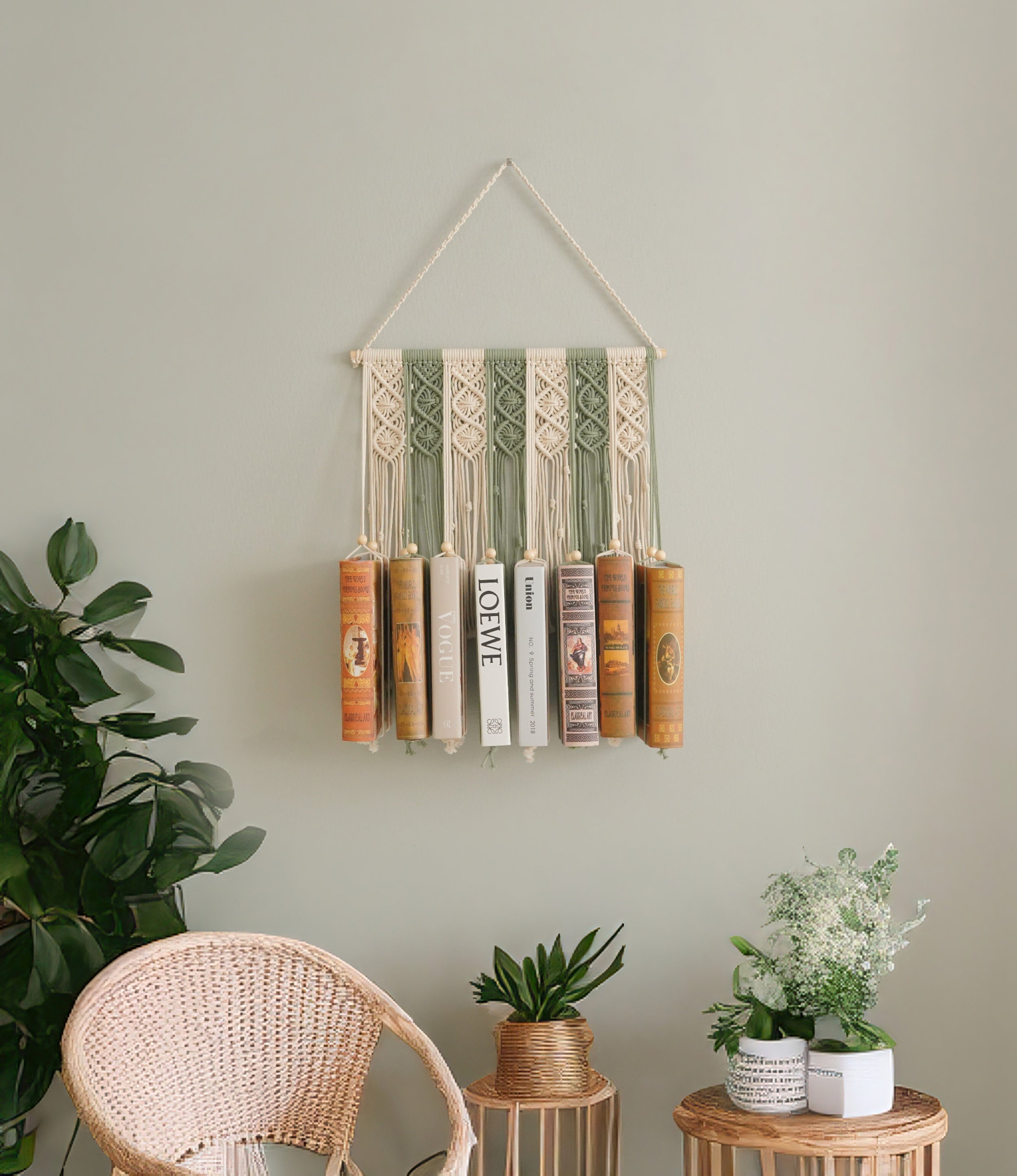 Macrame Book Holder with Wooden Stick for Wall Book Storage I33