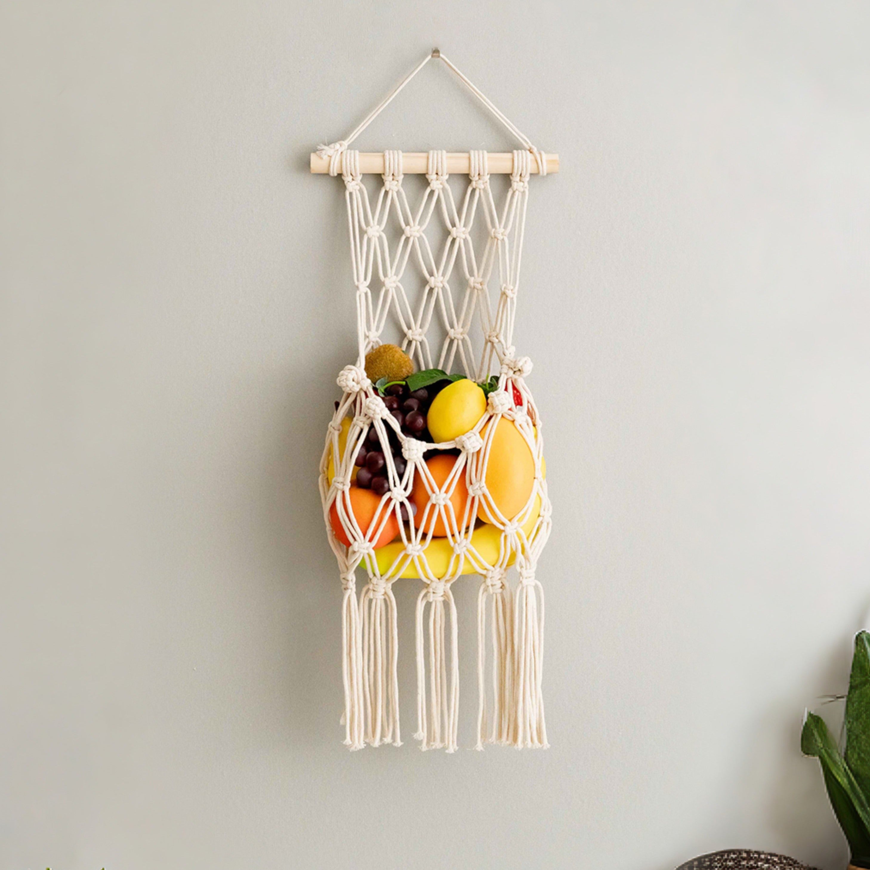 Macrame Fruit Wall Hanger – Boho Cotton Rope Organizer I38