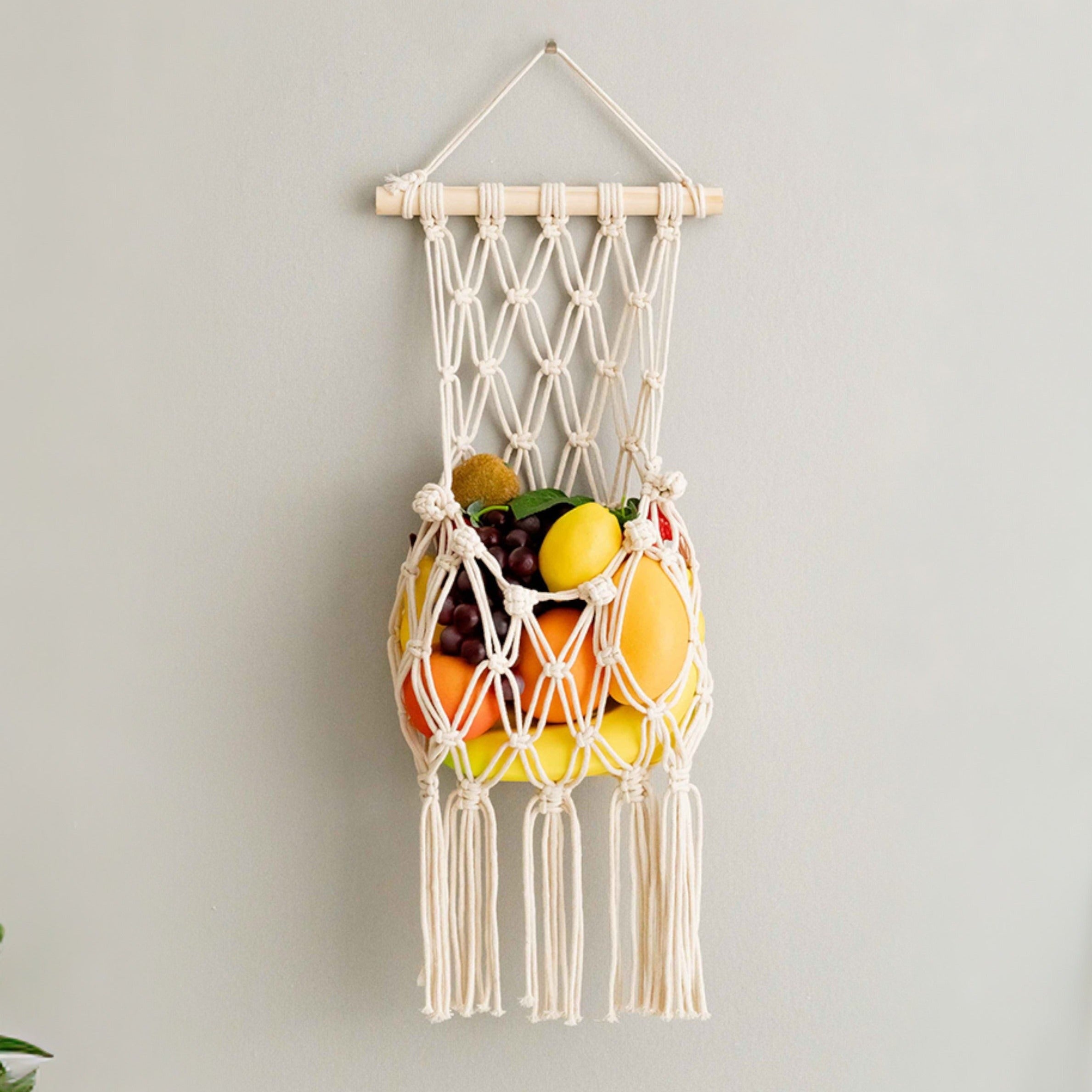 Macrame Fruit Wall Hanger – Boho Cotton Rope Organizer I38