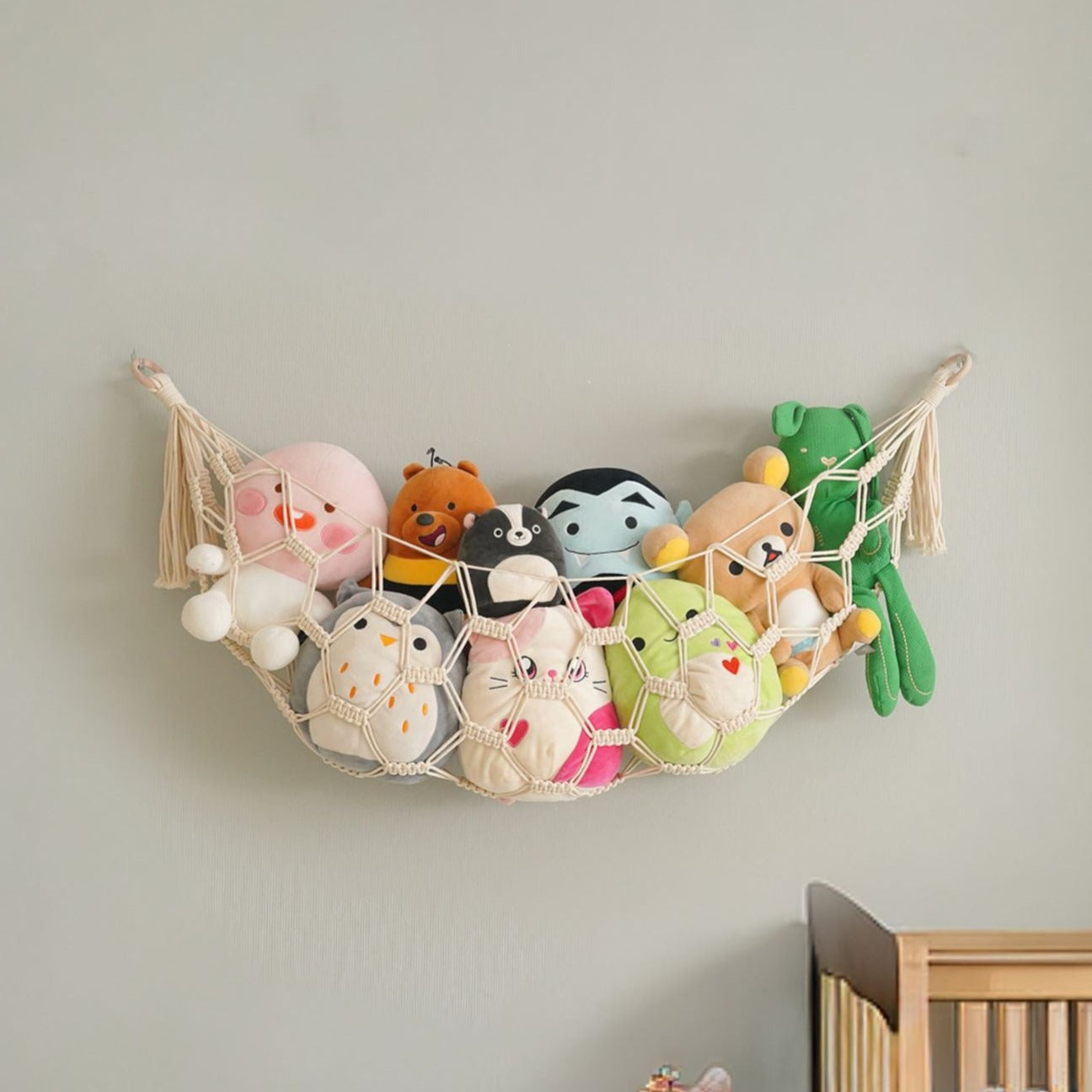 Macrame Toy Hammock for Stuffed Toys - Plush Rope Wall Organizer I25