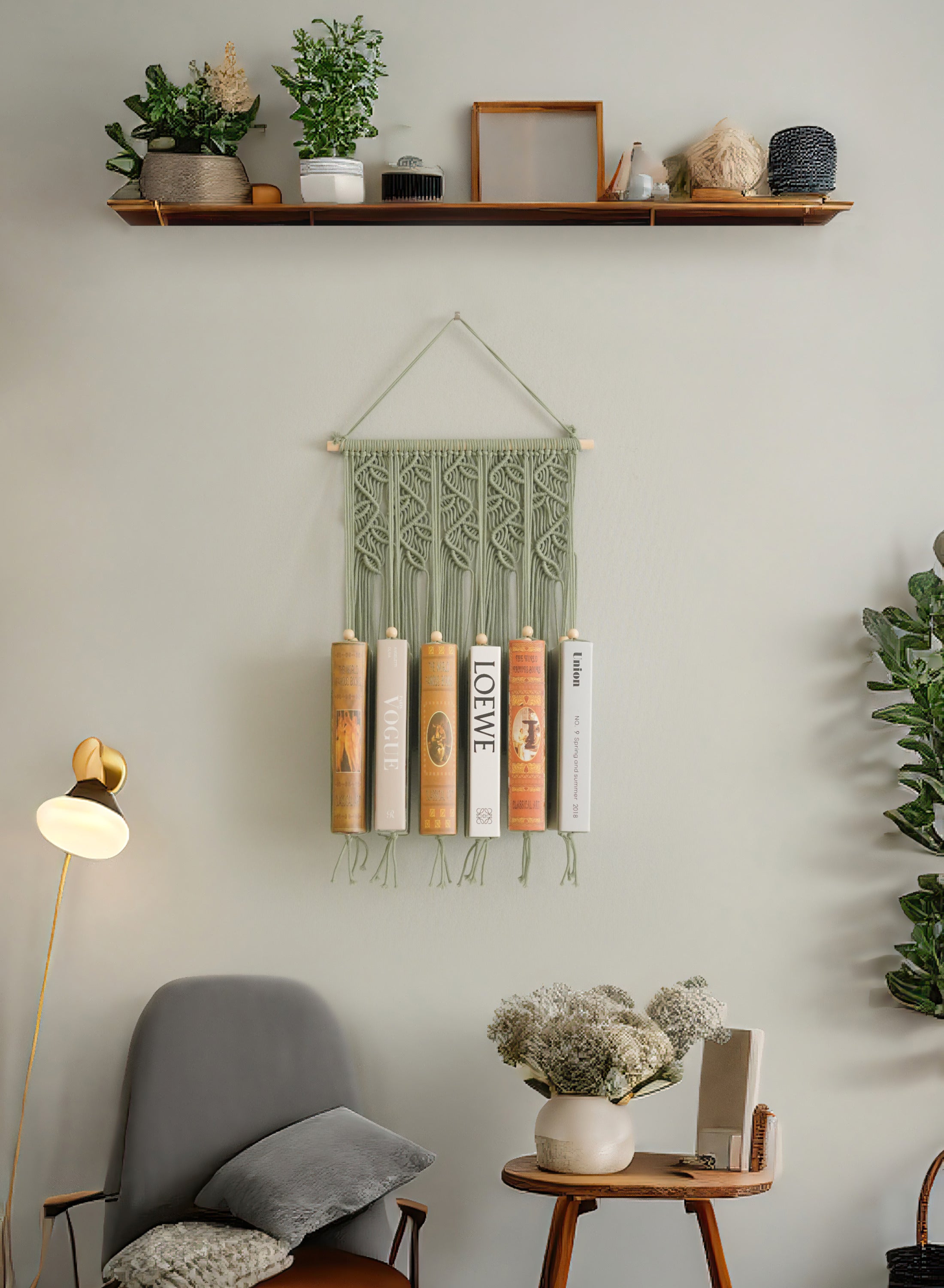 Macrame Wall Hanging Bookshelf for Boho Living Room Decor I34