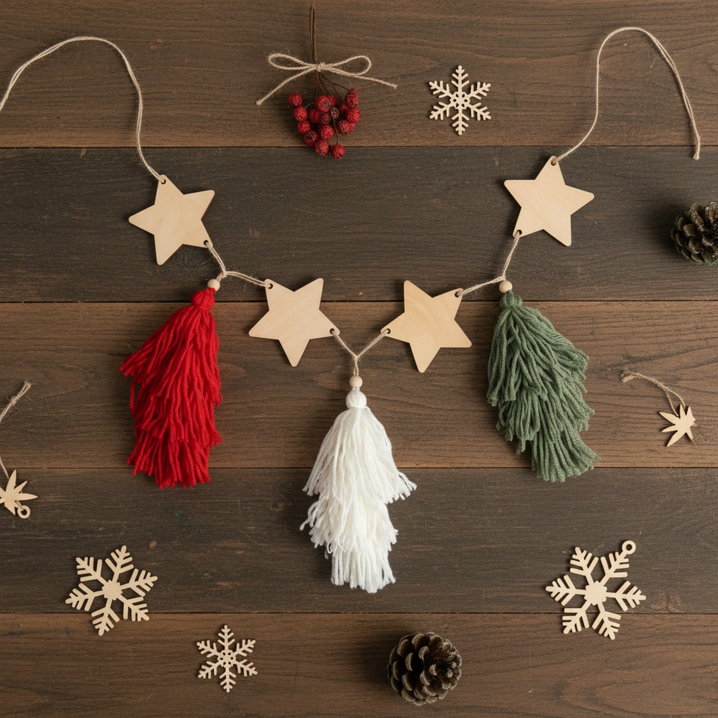 Macrame Christmas Garland with Wooden Stars for Wall Decor X68
