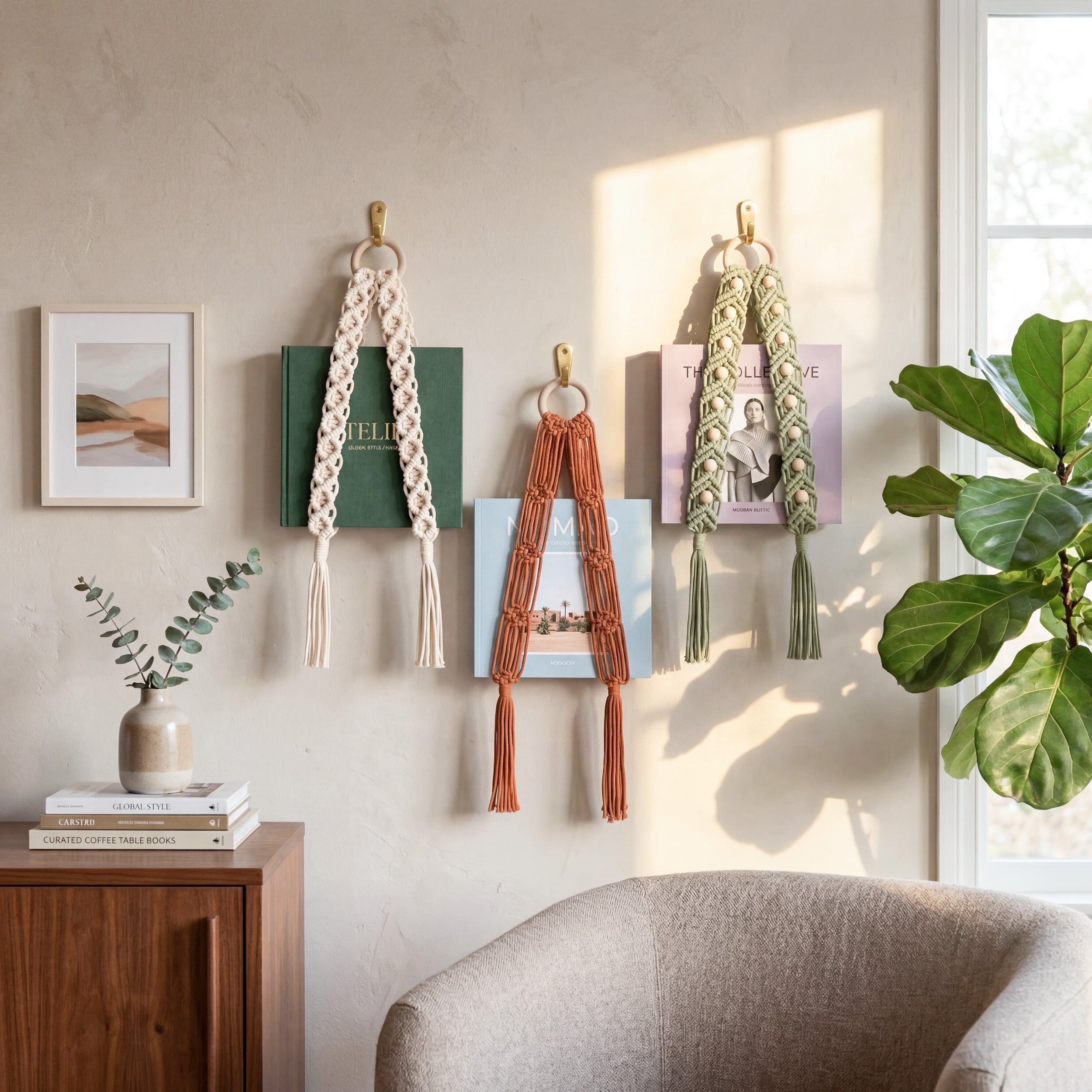 Macrame Wall Book Holder Wood for Living Room Aesthetic Decor T16