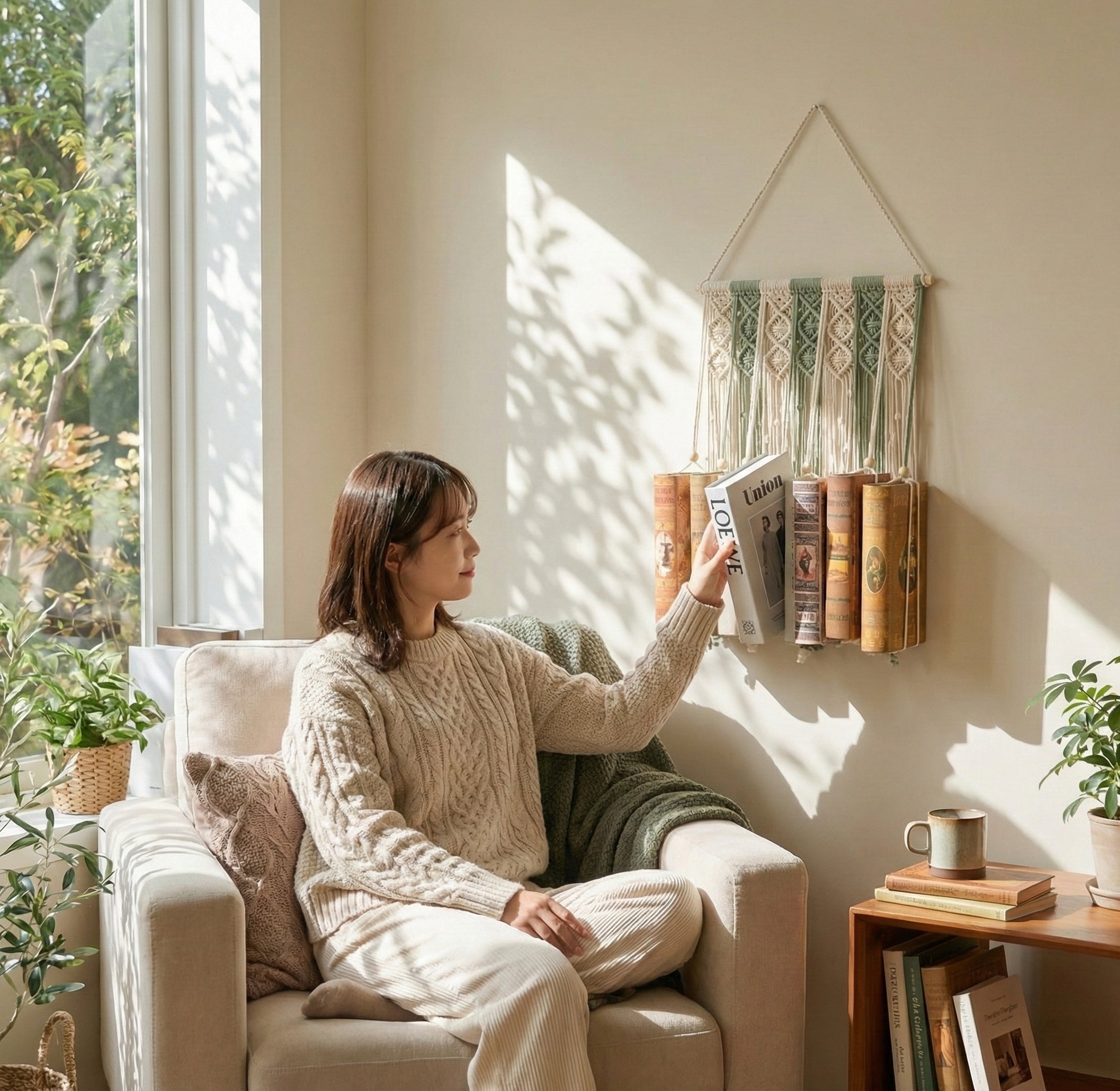 Macrame Book Holder with Wooden Stick for Wall Book Storage I33