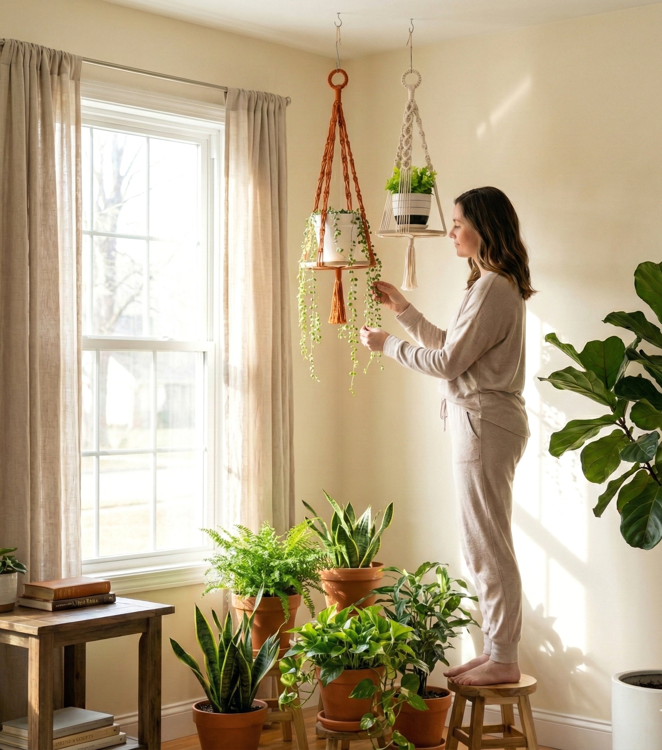 Macrame Wood Tray Plant Hanger macrame cord for Indoor Plant Hanger and Hanging Plant Shelf S21