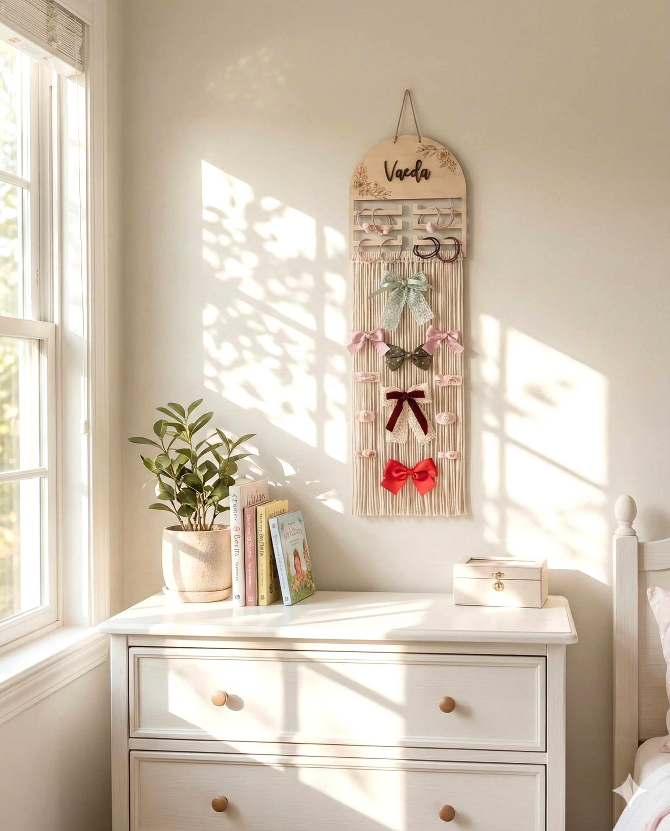 Personalized Macrame Bow Holder - Wooden Wall Organizer for Girls H97