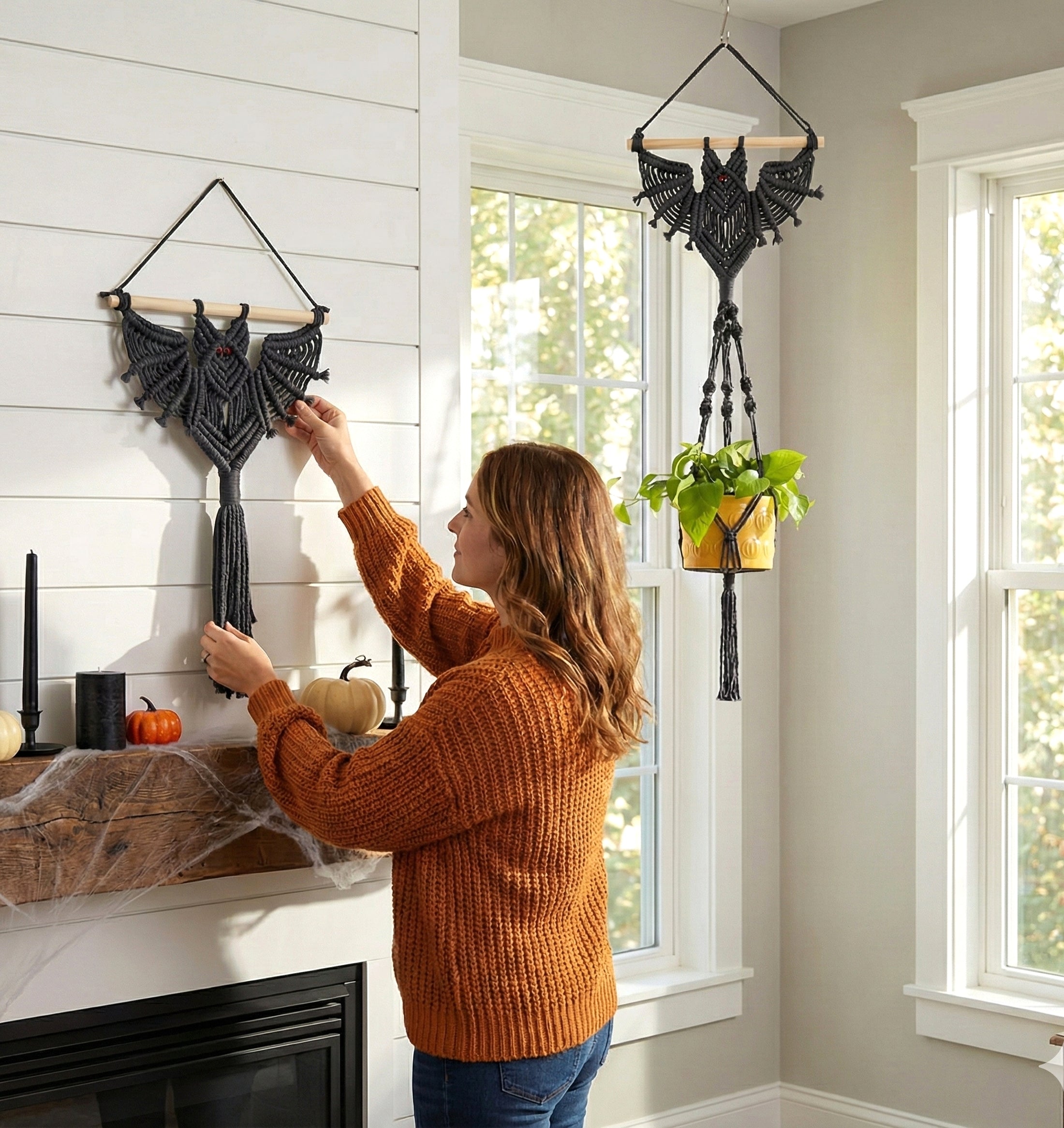 Macrame Bat-Inspired Wall Decor & Plant Hanger – Handmade Boho Art W52