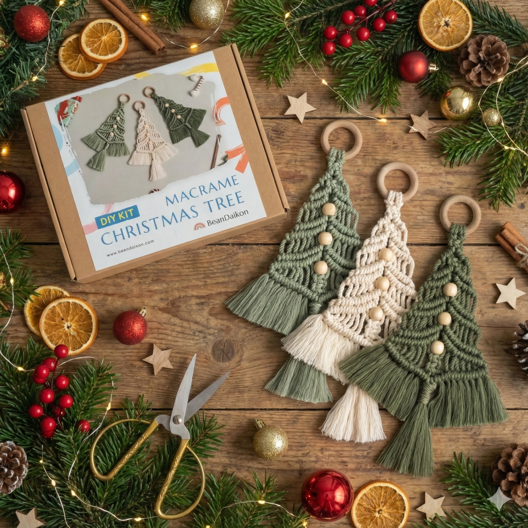 DIY Christmas Tree Macrame Kit – Cotton Cord Rustic Ornament Kit K13