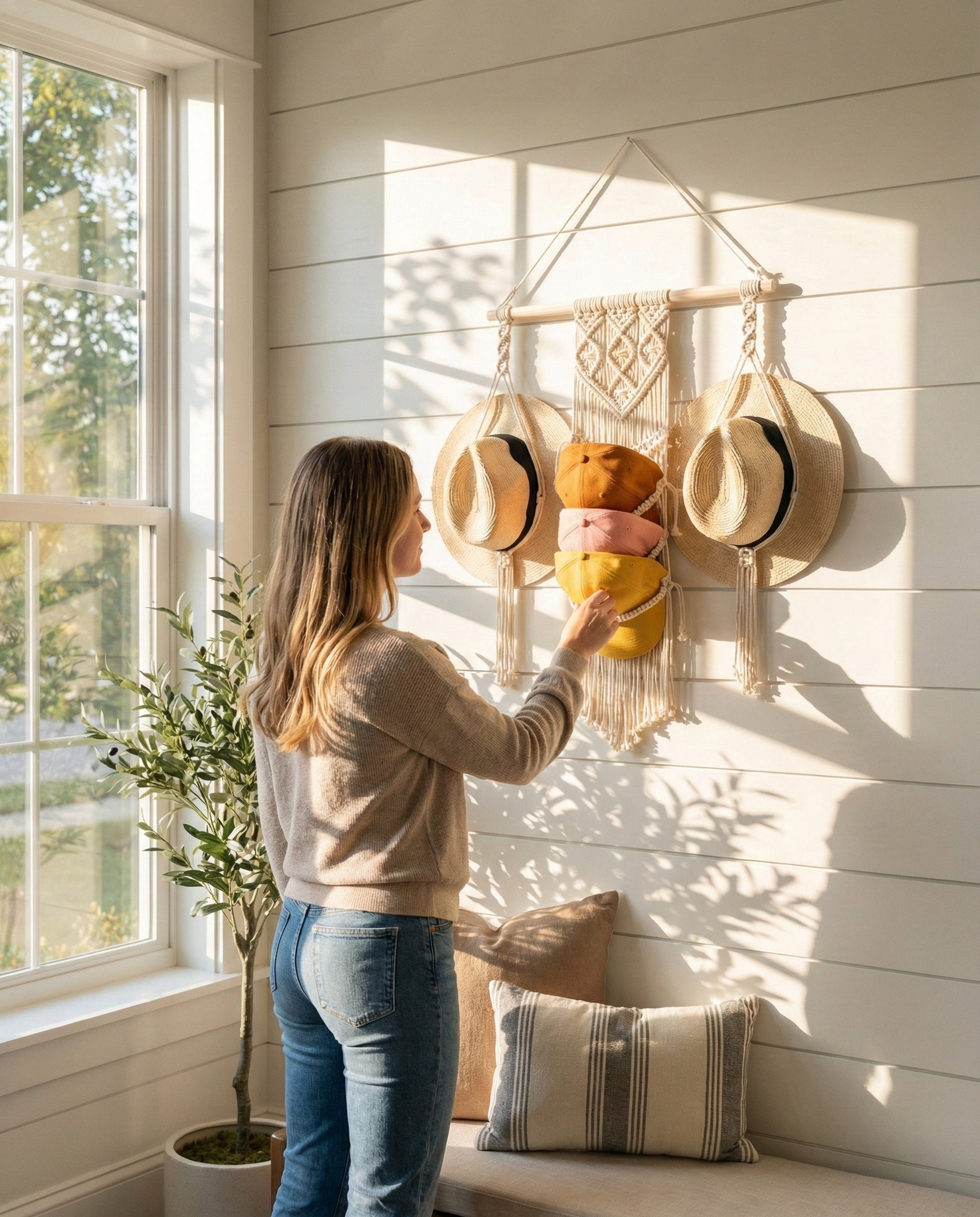 Macrame Hat and Cap Holder – Boho Wall Organizer Display I53