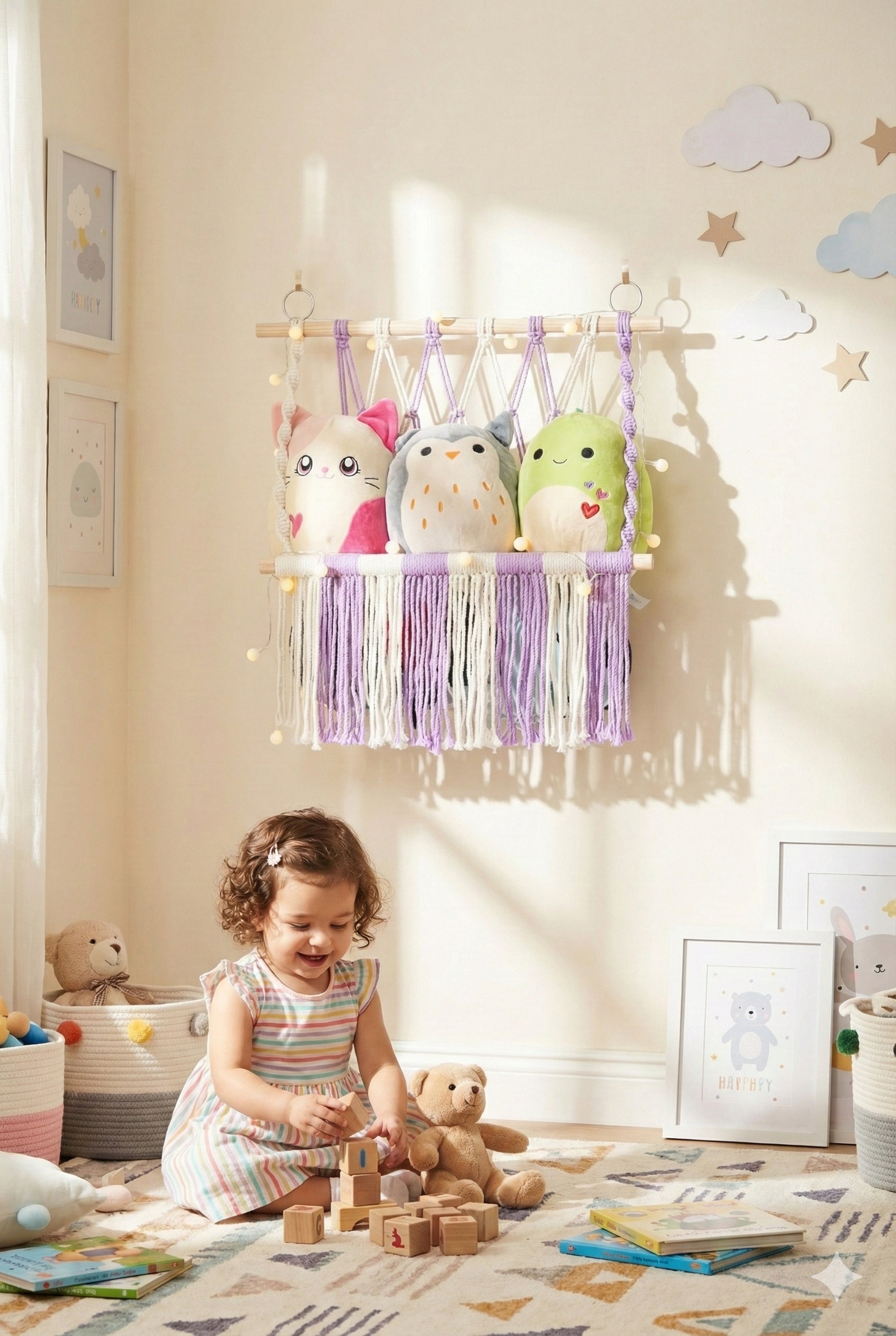 Macrame Toy Storage Hammock for Plush Toy Organizer and Nursery Wall Storage H24