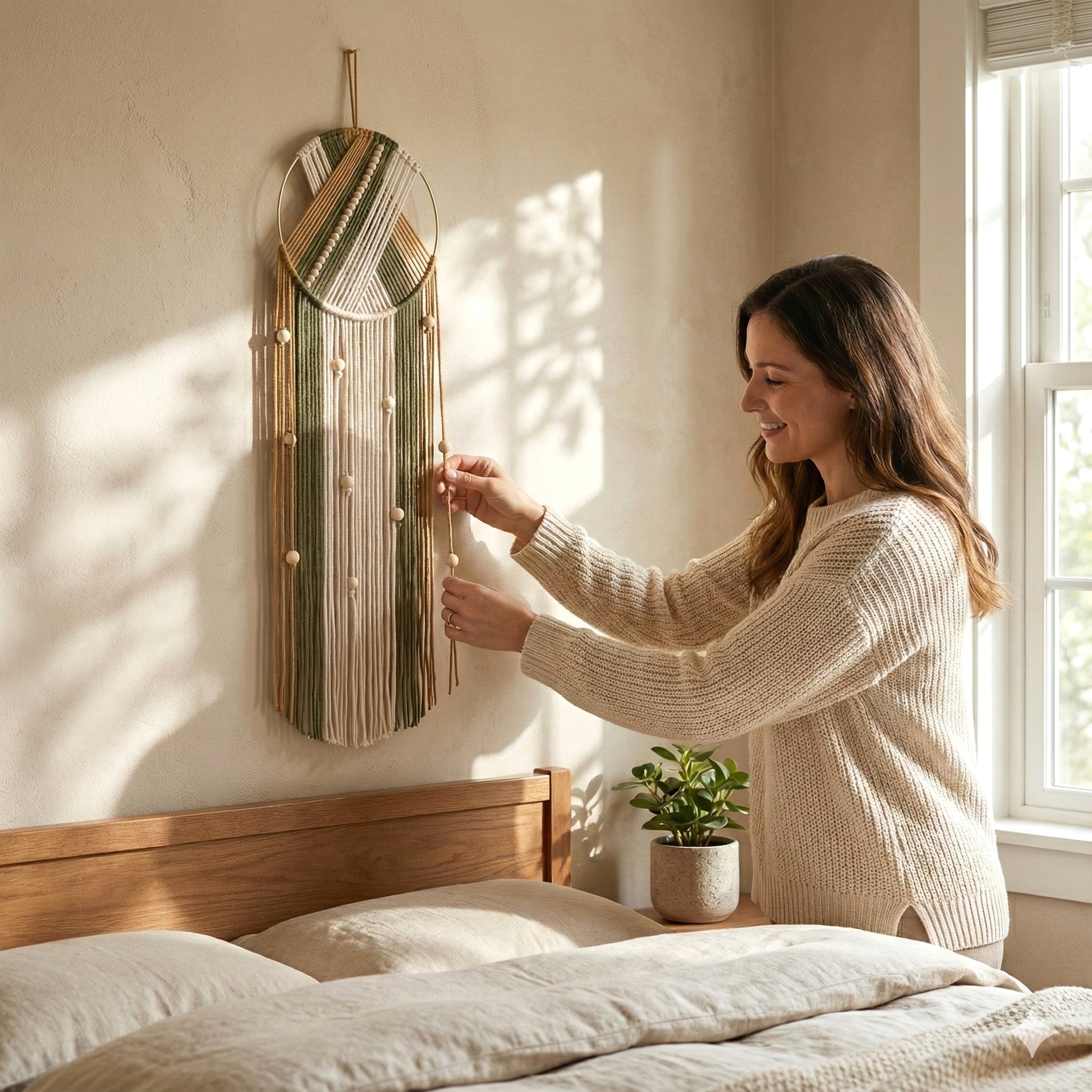 Macrame Dreamcatcher with Wooden Beads for Boho Wall Art V50