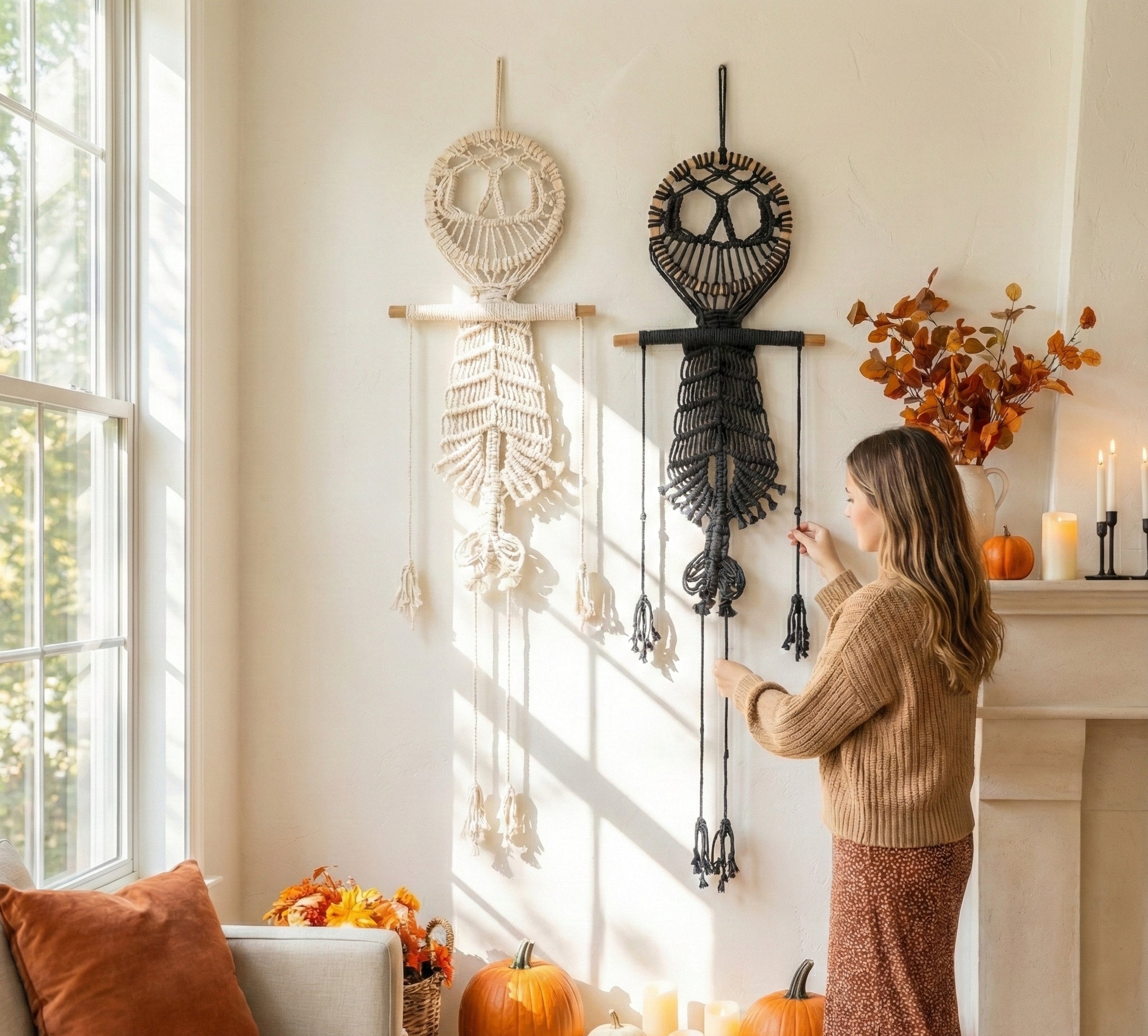 Macrame Skeleton Halloween Decor – Cotton Spooky Wall Hanging W94