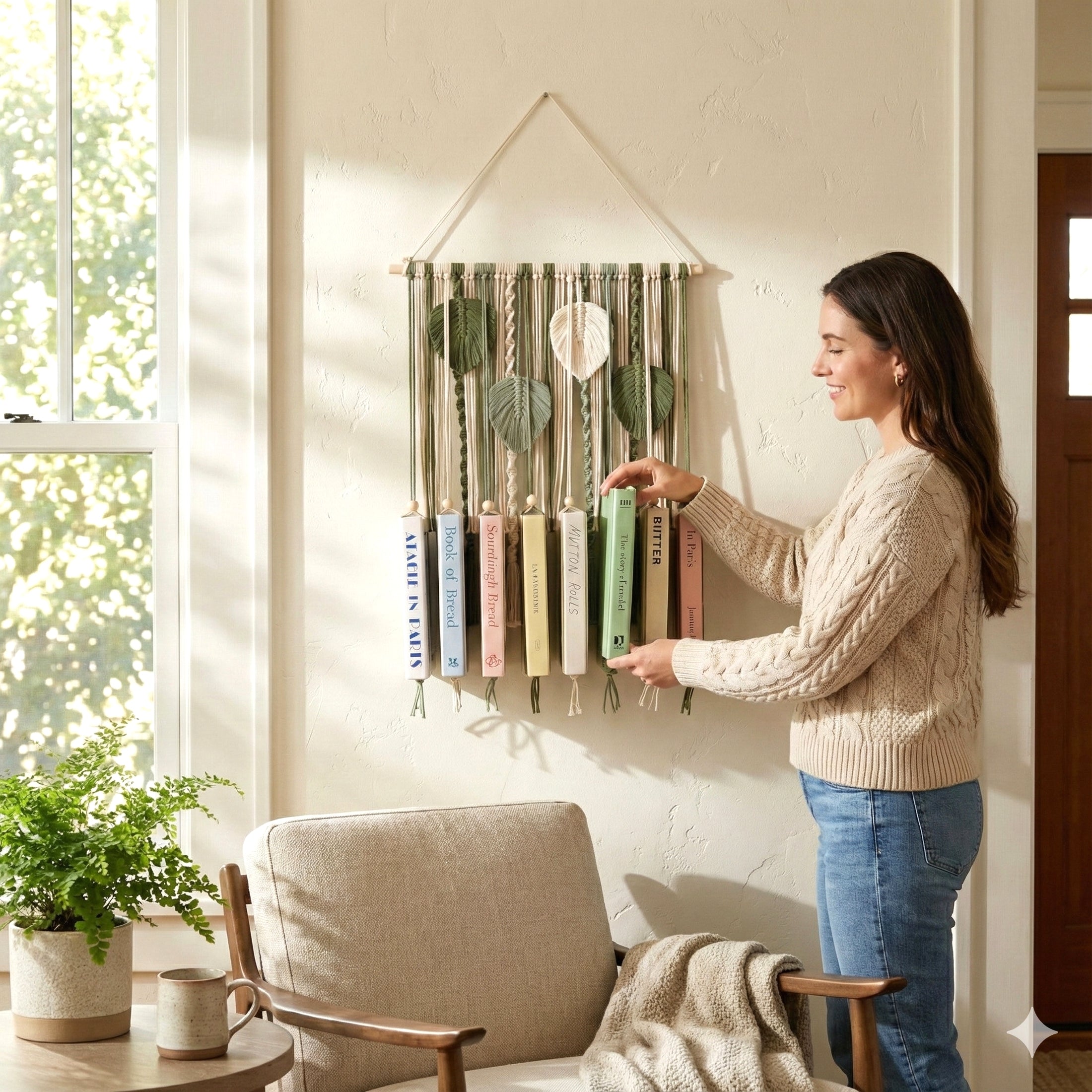 Macrame Book Organizer – Hanging Wall Bookshelf for Kids Room I62