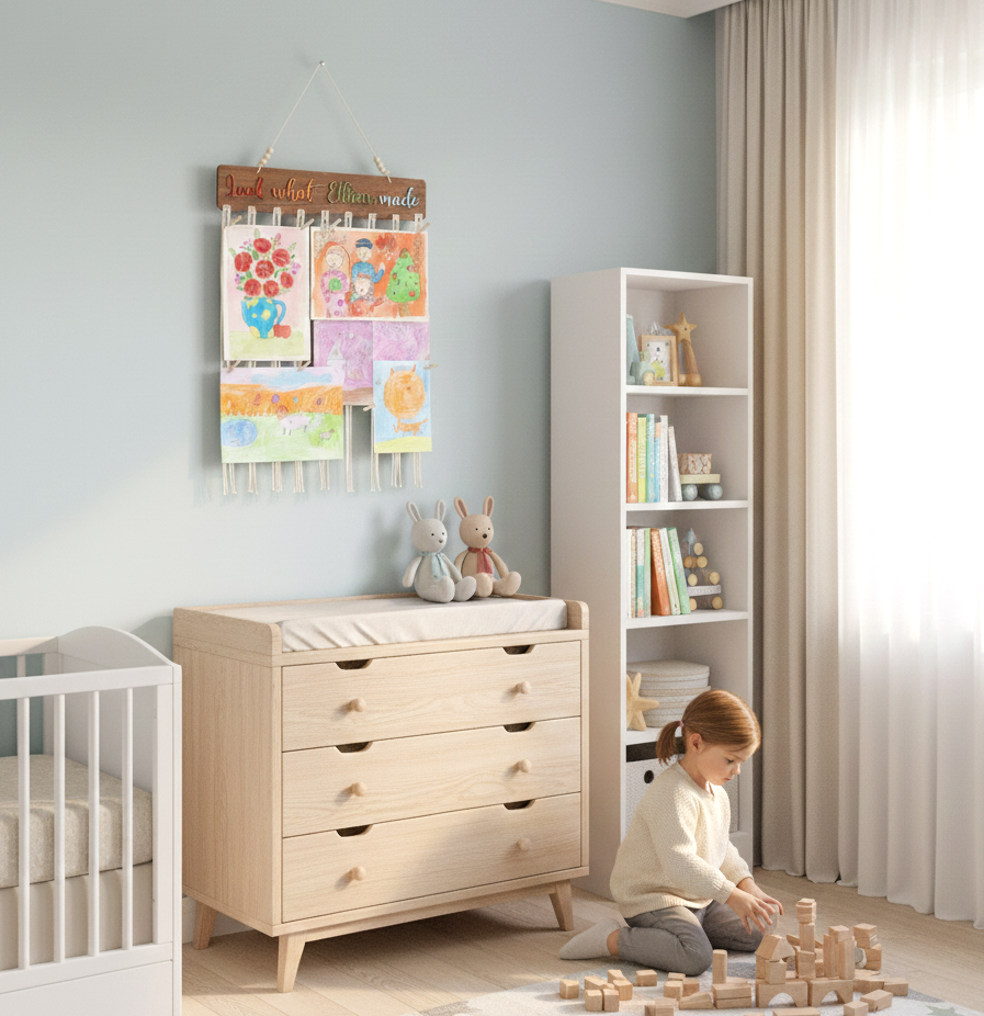 Macrame Kids Art Hanger Wood for Kids Art Display and Boho Wall Decor I28