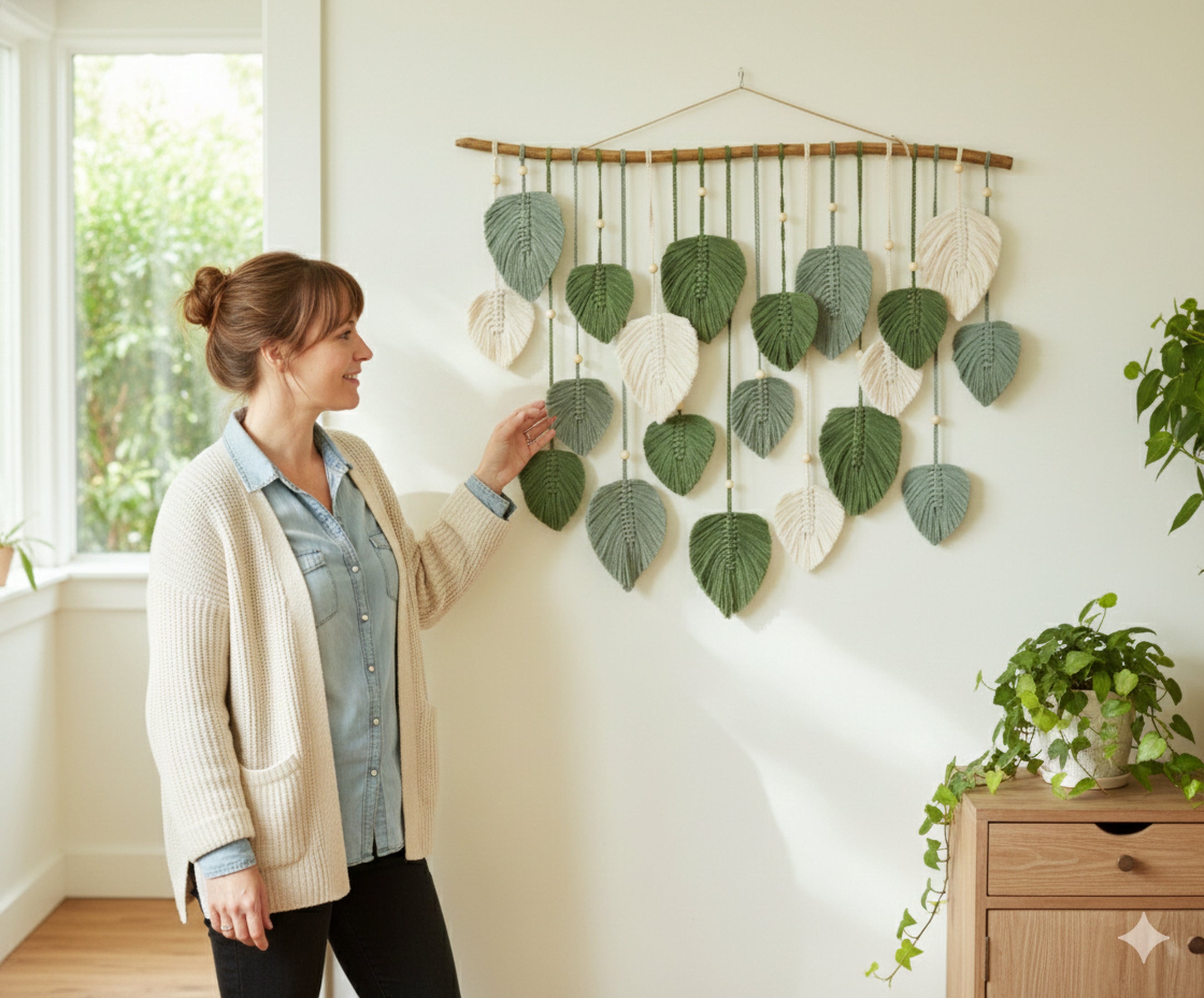 Macrame Leaf Wall Hanging with Driftwood for Rustic Wall Decor L03