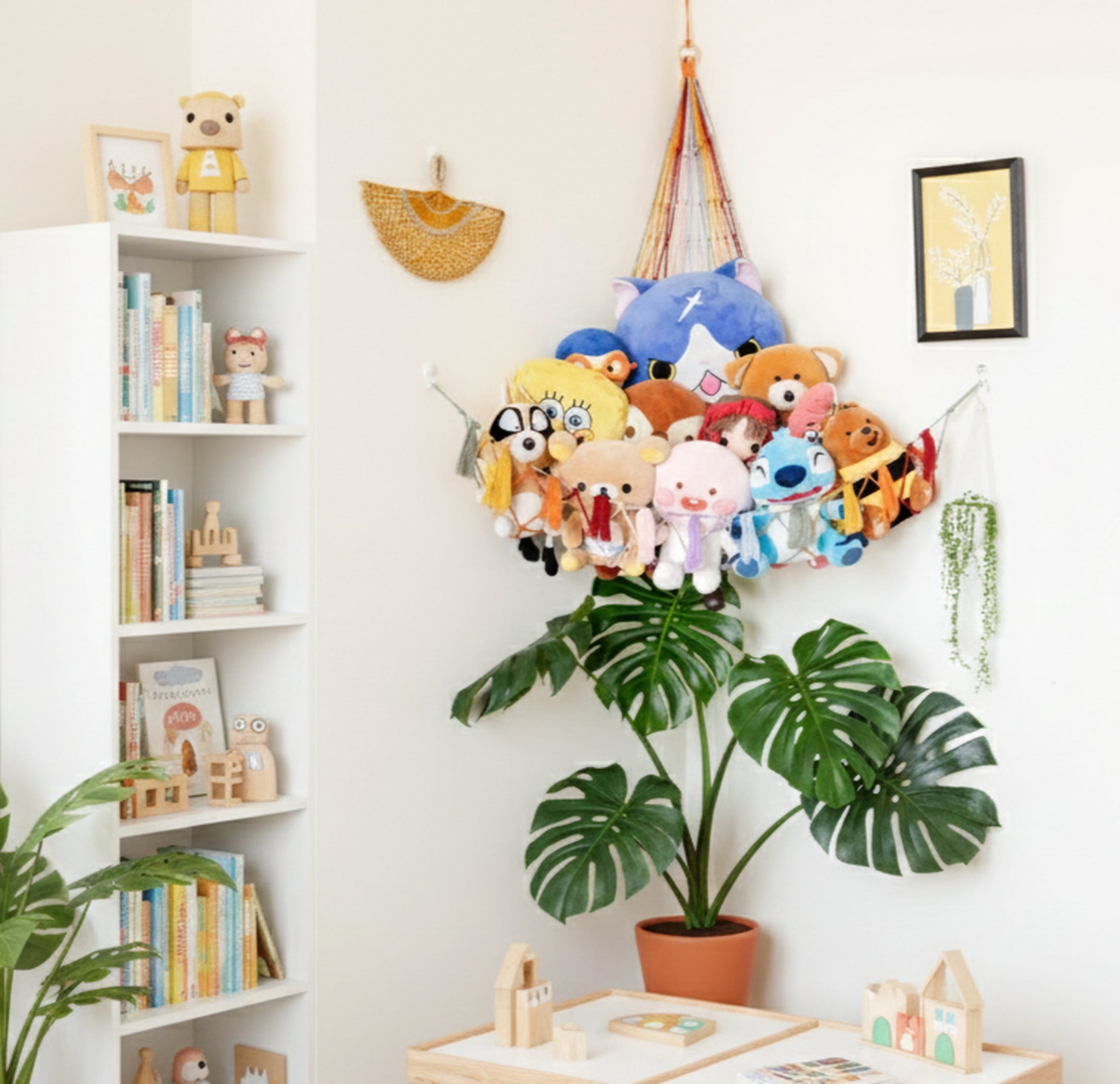 Rainbow Macrame Stuffed Animal Hammock For Nursery Toy Storage H20