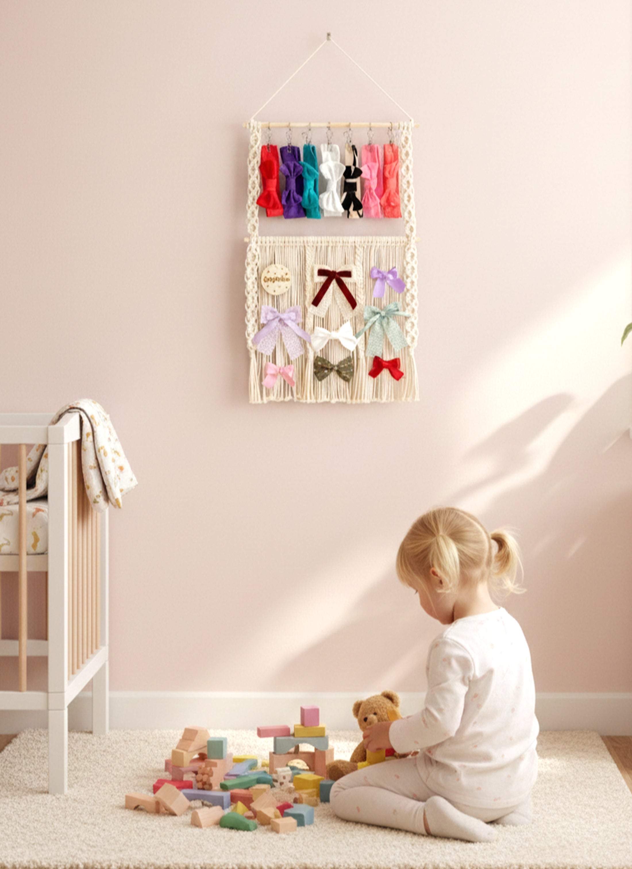 Macrame Hair Bow Holder – Personalized Boho Wall Bow Organizer I59