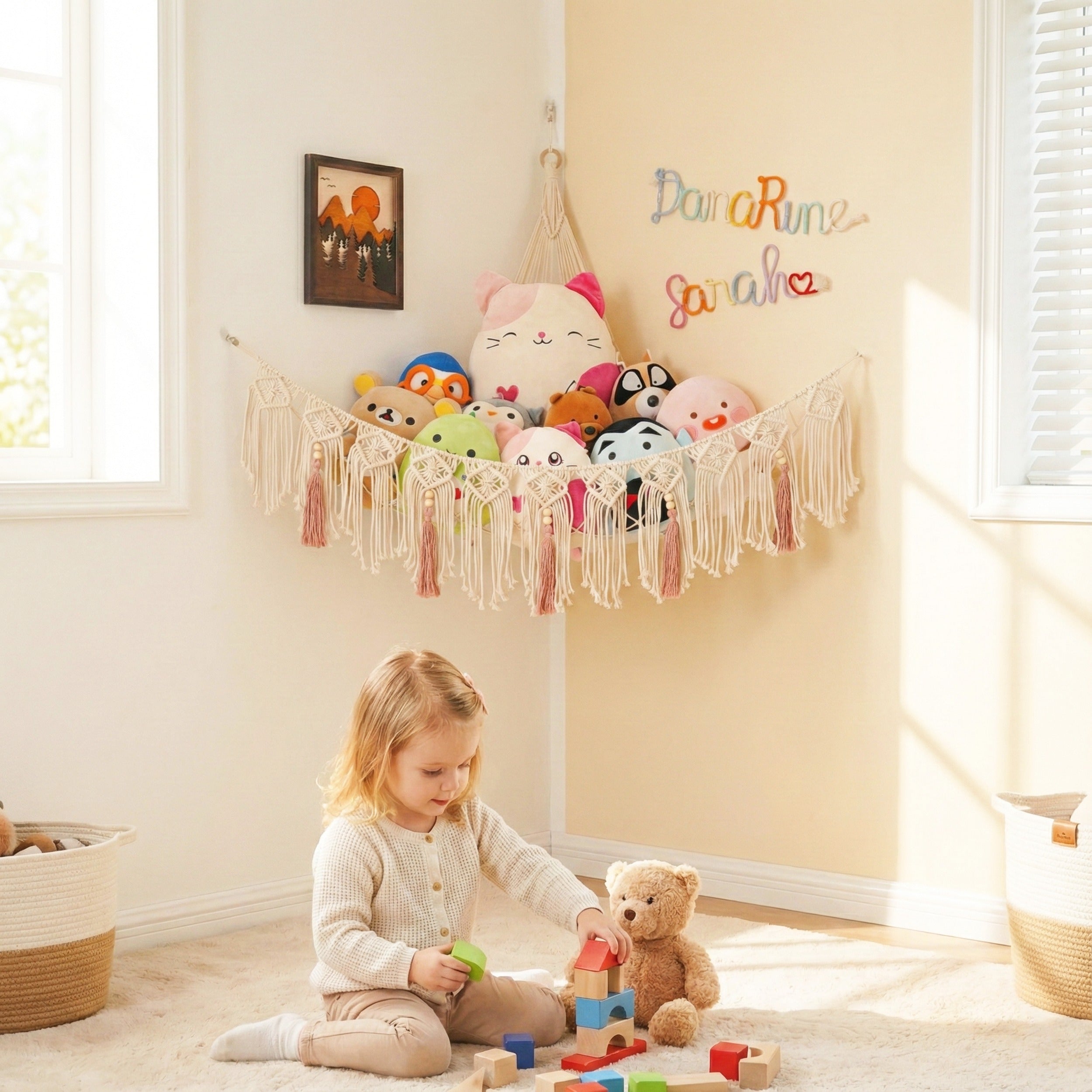 Macrame Toy Hammock with Tassels – Nursery Storage Net I20