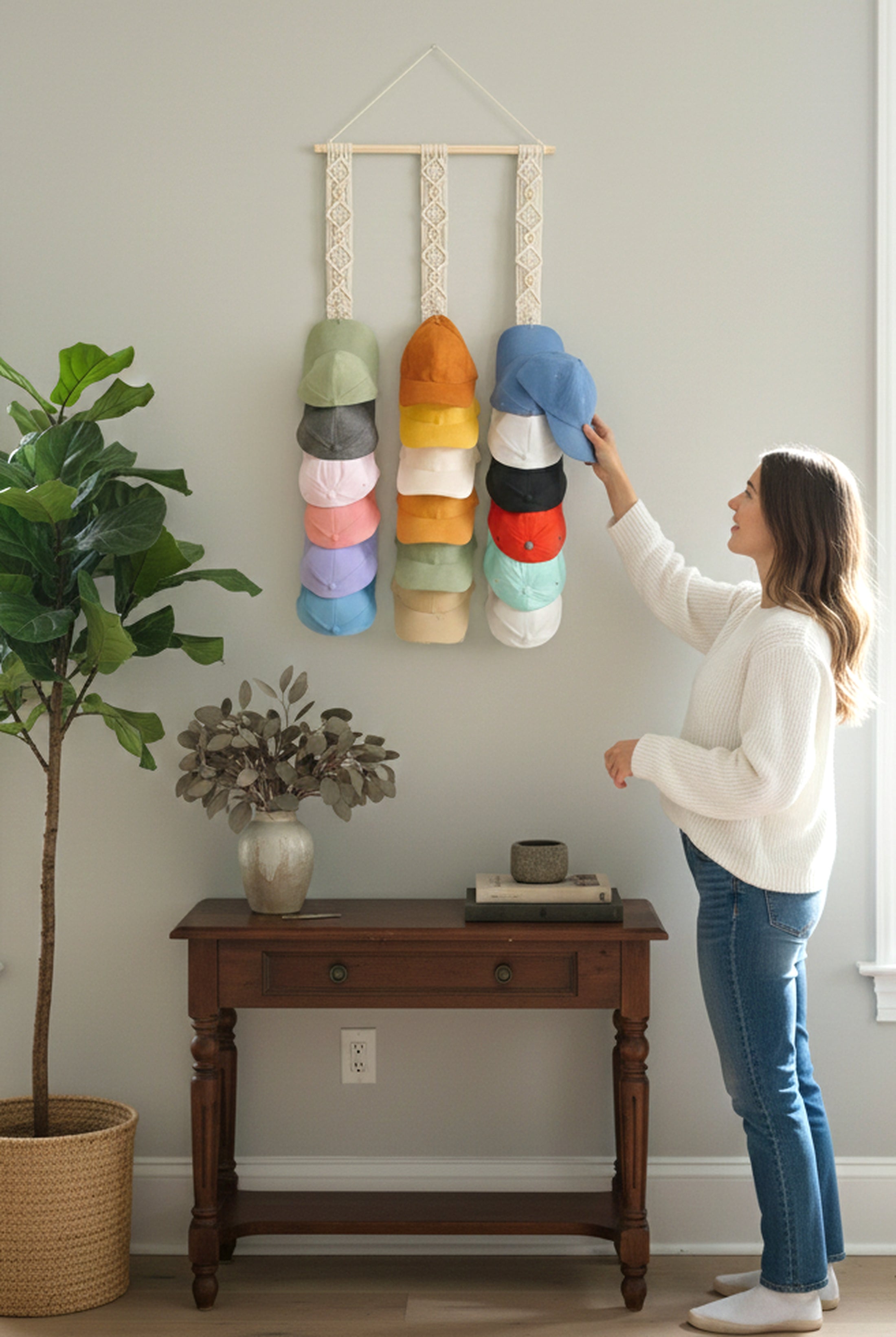 Macrame Hat Holder – Hanging Baseball Cap Organizer for Wall I21