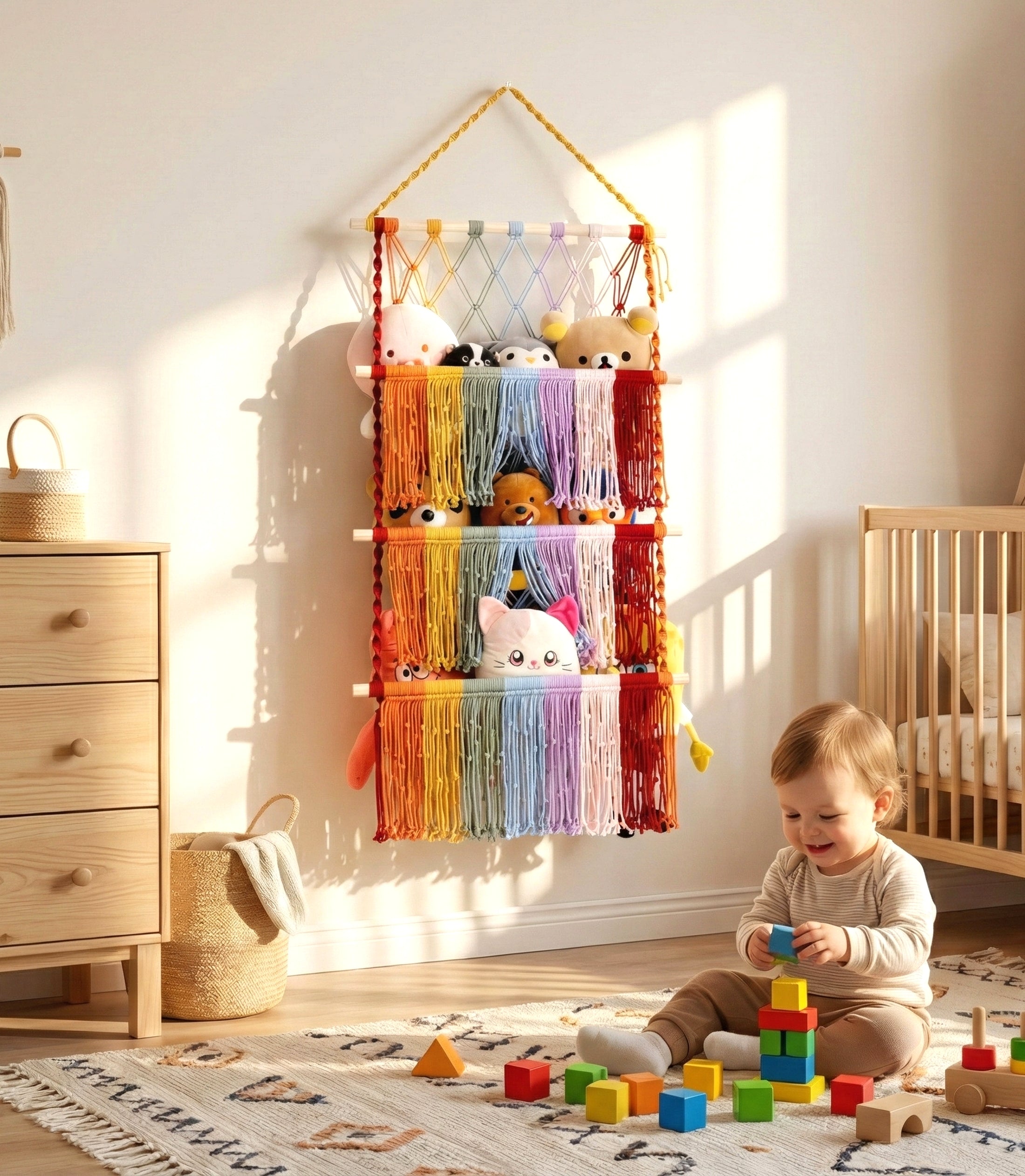 Rainbow Macrame Toy Storage Hammock For Plush Toy Storage and Boho Kids Decor H72