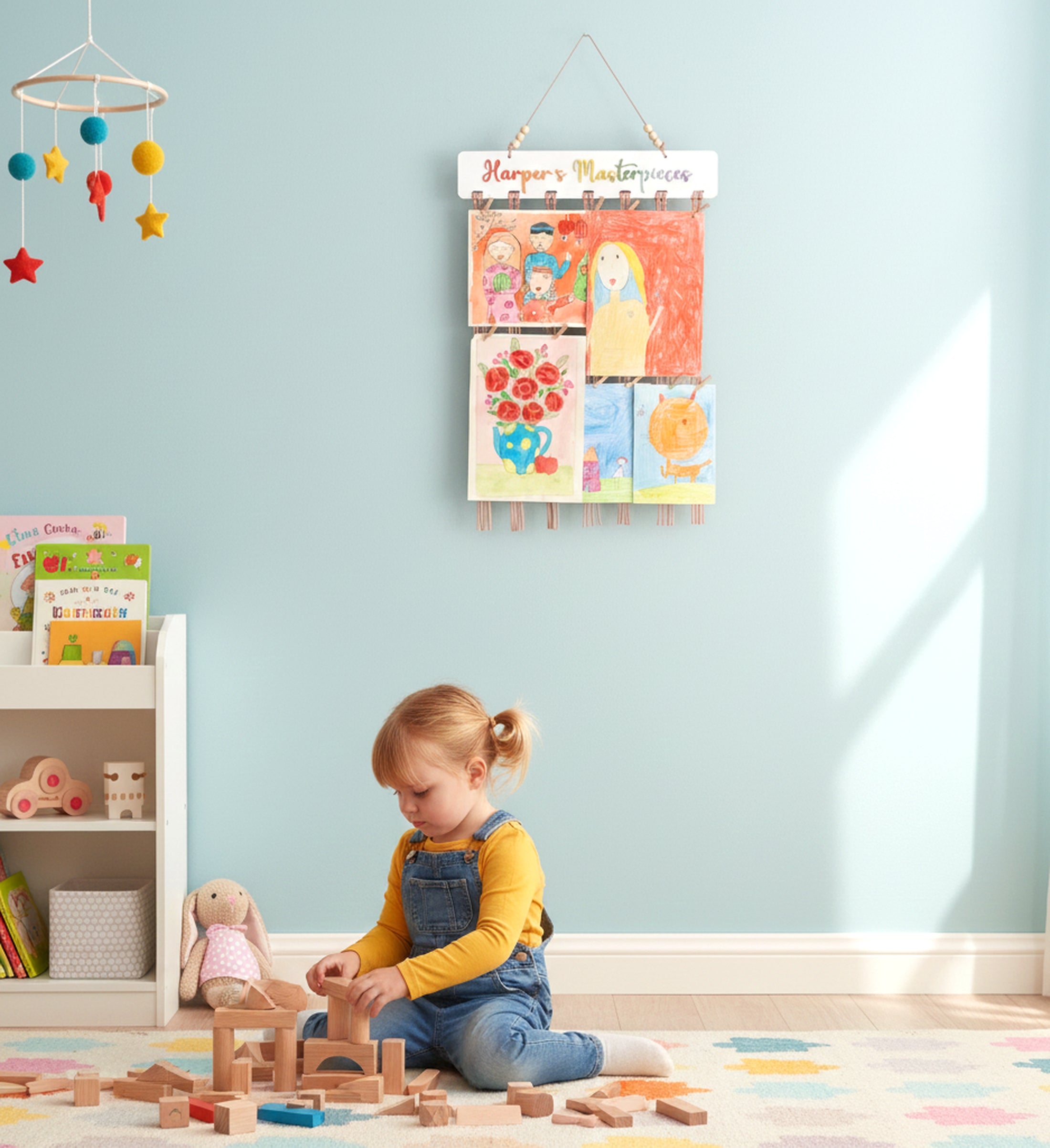 Macrame Kids Art Hanger Wood for Children Artwork Display and Boho Wall Hanging I28