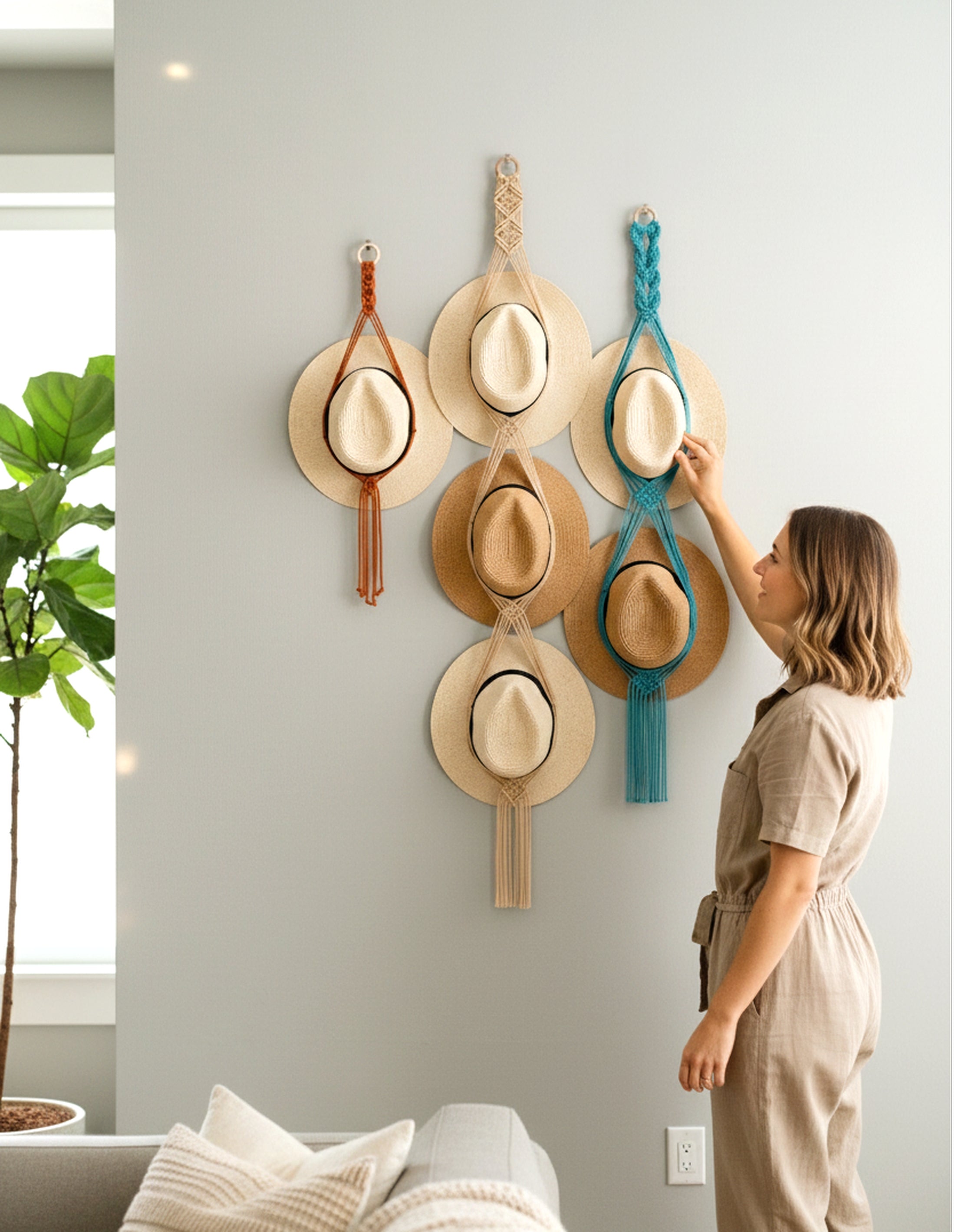 Macrame Hat Hanger – Boho Wall Organizer for Hats H01