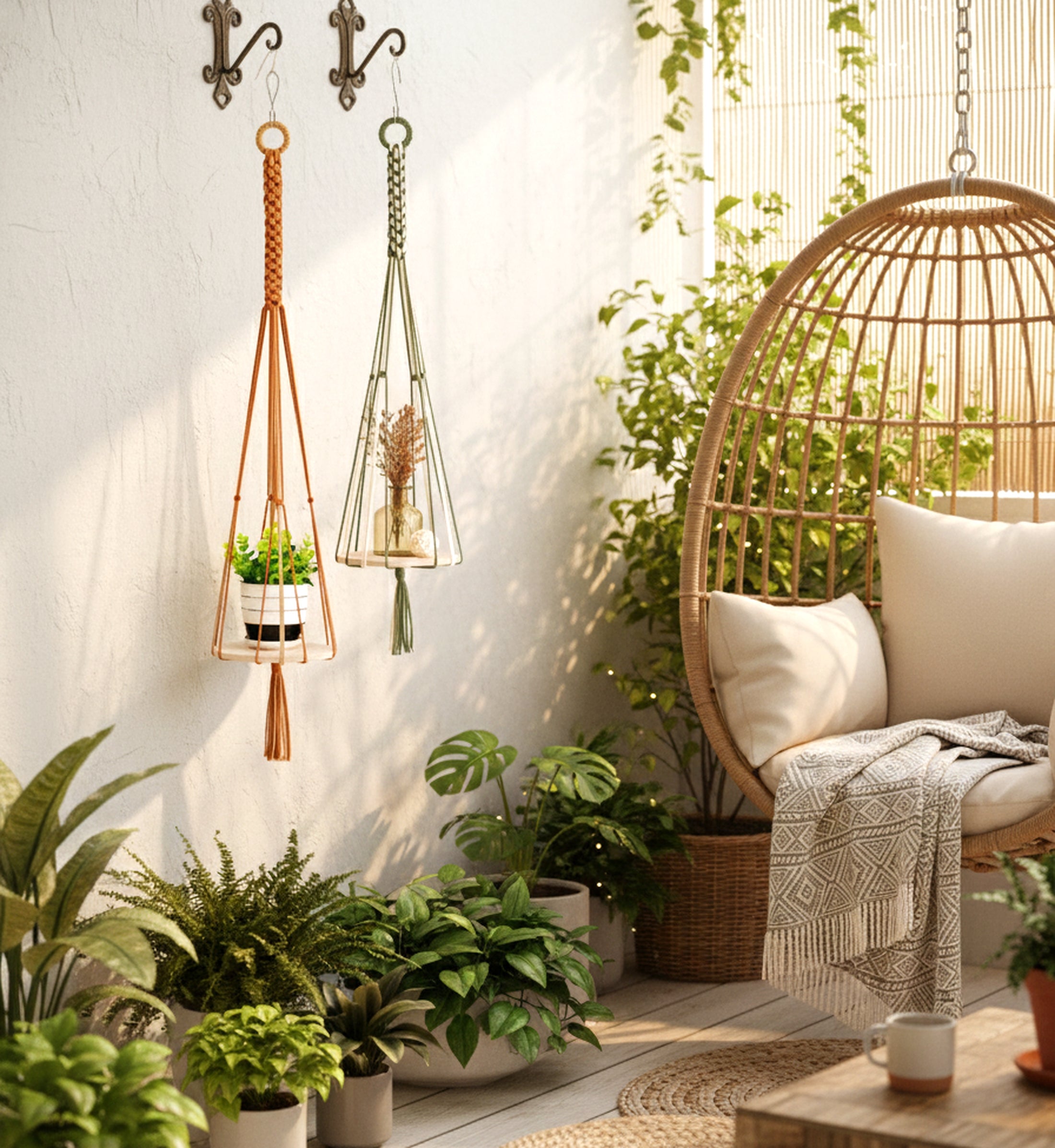 Boho Macrame Wood Tray Plant Hanger with Tail – Indoor Decor Basket S22