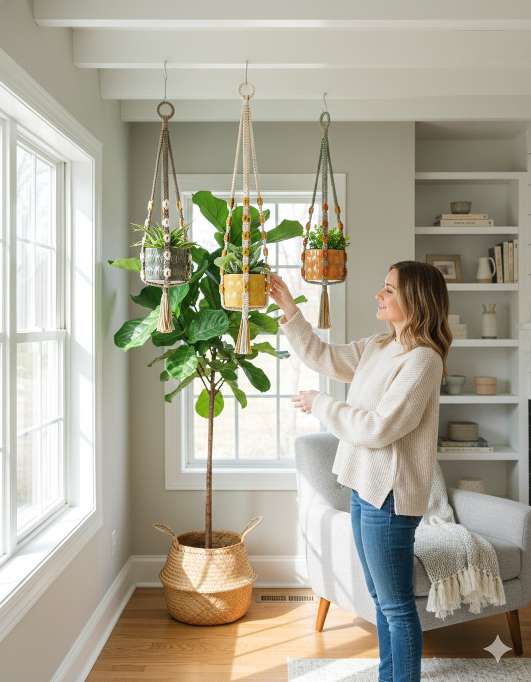 Beaded Macrame Plant Hanger with Tassel – Colorful Cotton Decor I47