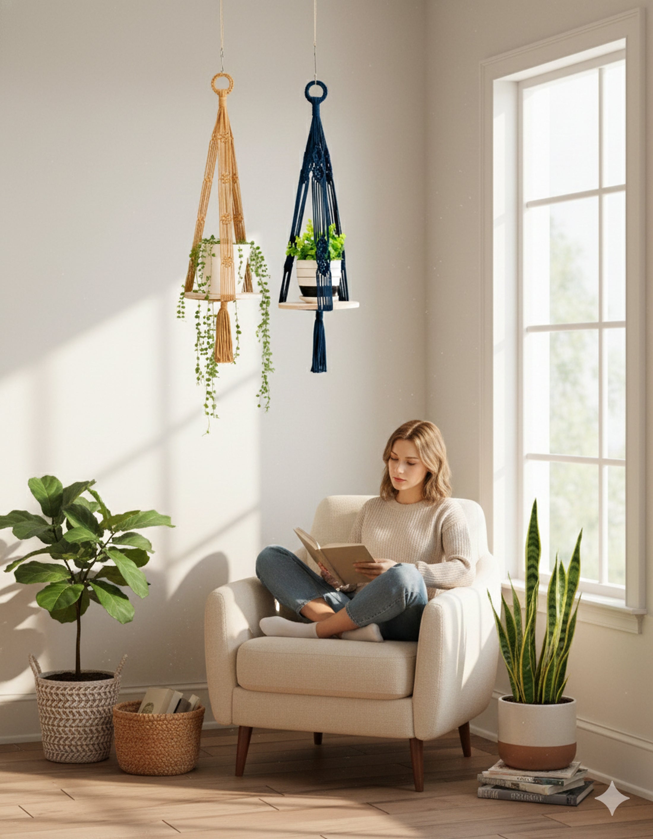 Boho Wooden Board Plant Hanger – Cotton Cord Indoor Plant Shelf S23