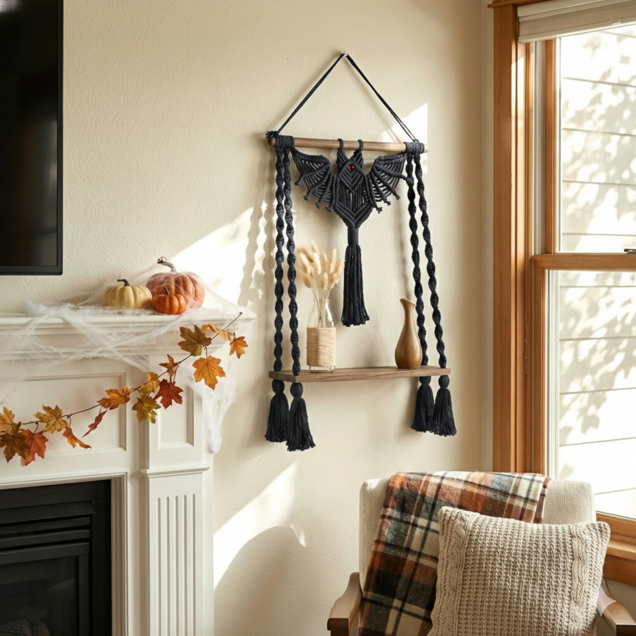 Macrame Bat Hanging Shelf with Natural Wood for Gothic Wall Decor W52