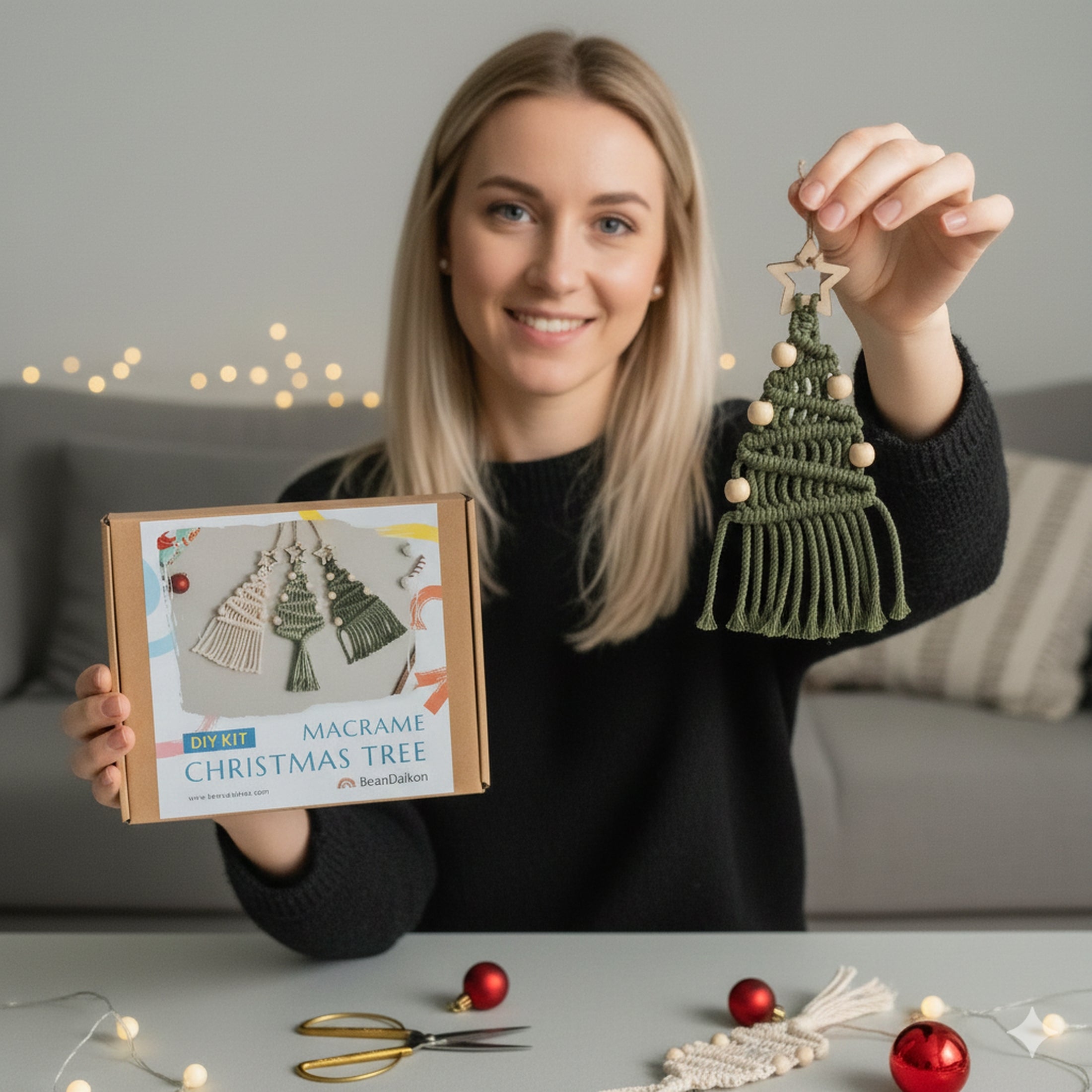 DIY Christmas Tree Macrame Kit – Cotton Cord & Wooden Beads K24