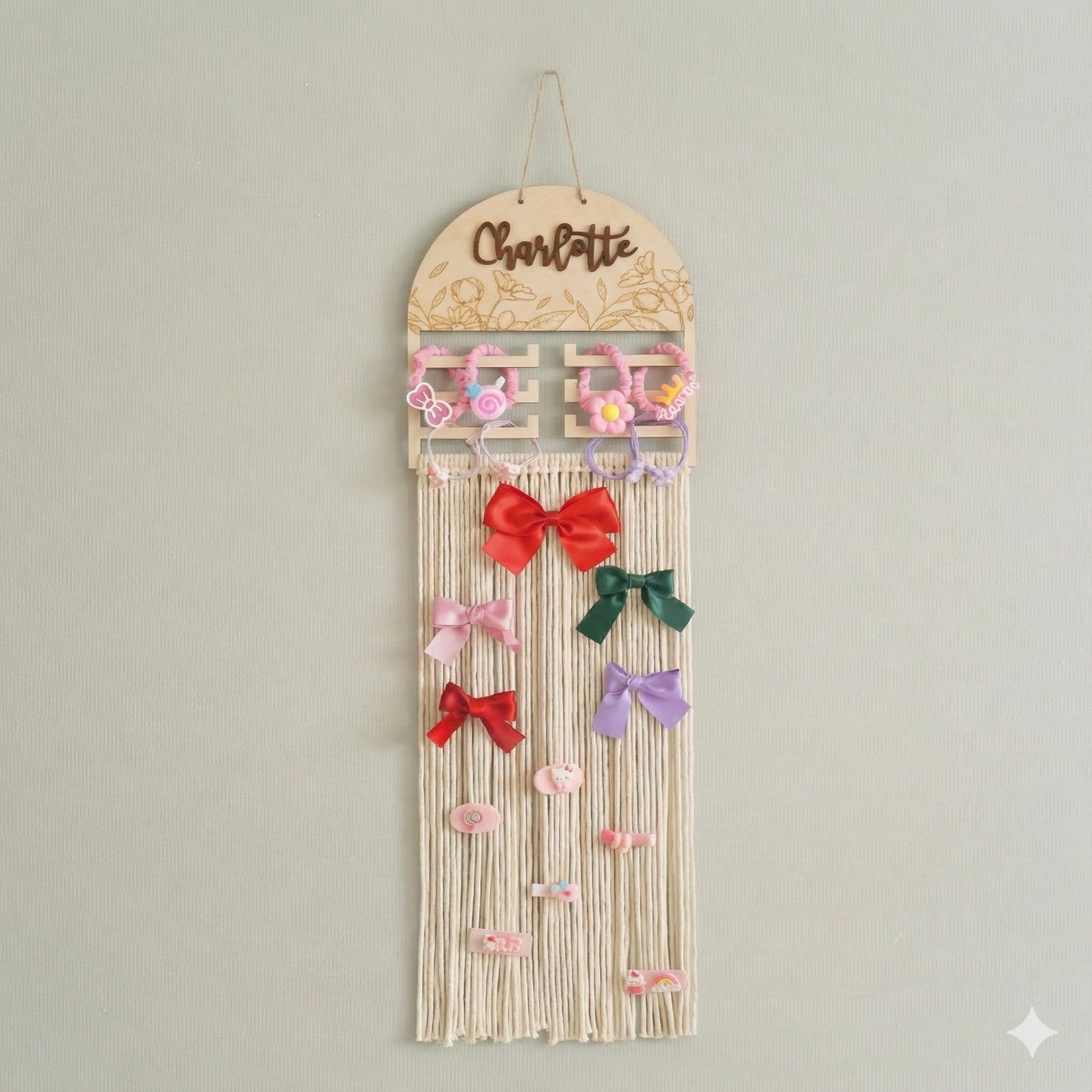 Personalized Macrame Bow Holder - Wooden Wall Organizer for Girls H97