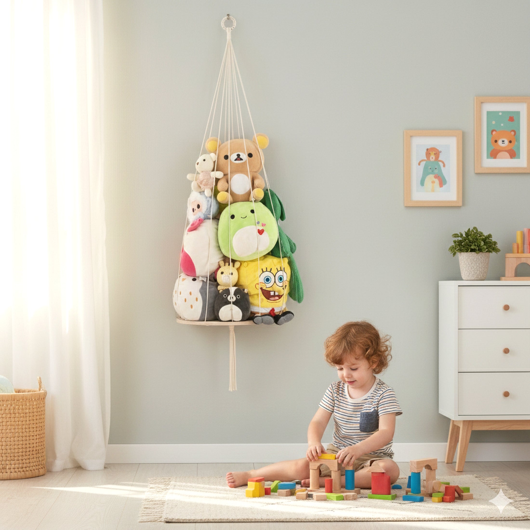 Macrame Toy Hammock with Wood Shelf for Stuffed Animal Storage I94