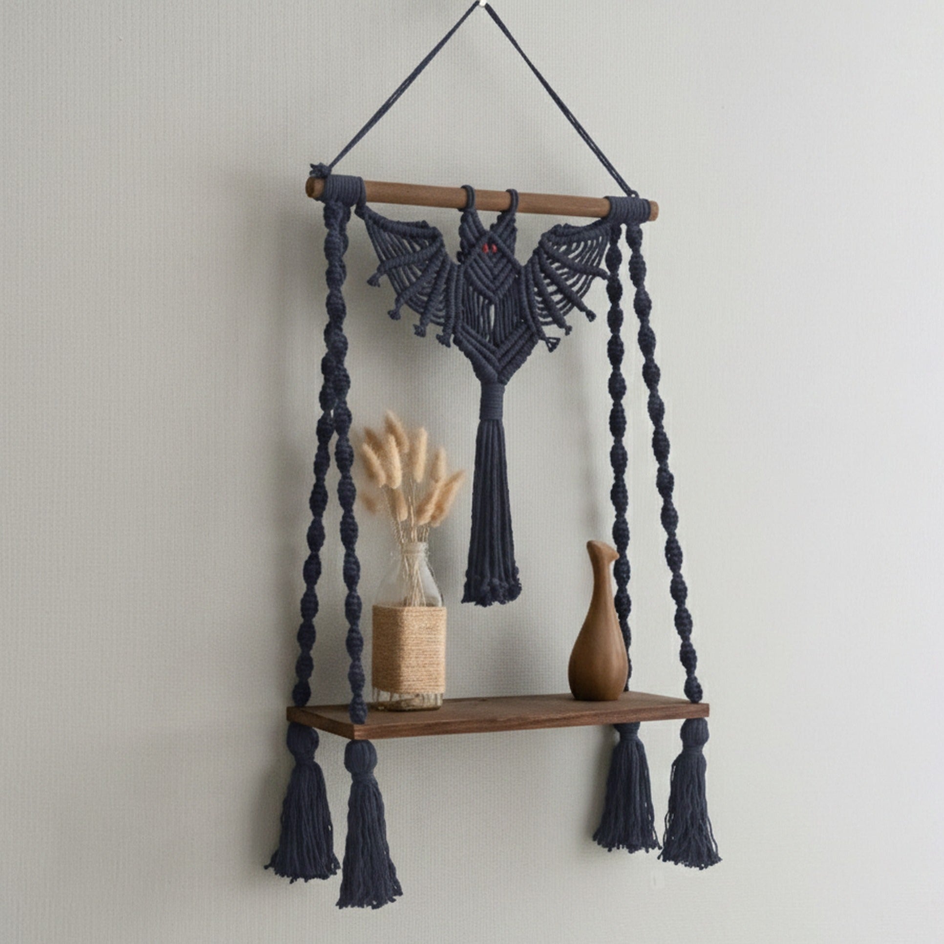 Macrame Bat Hanging Shelf with Natural Wood for Gothic Wall Decor W52