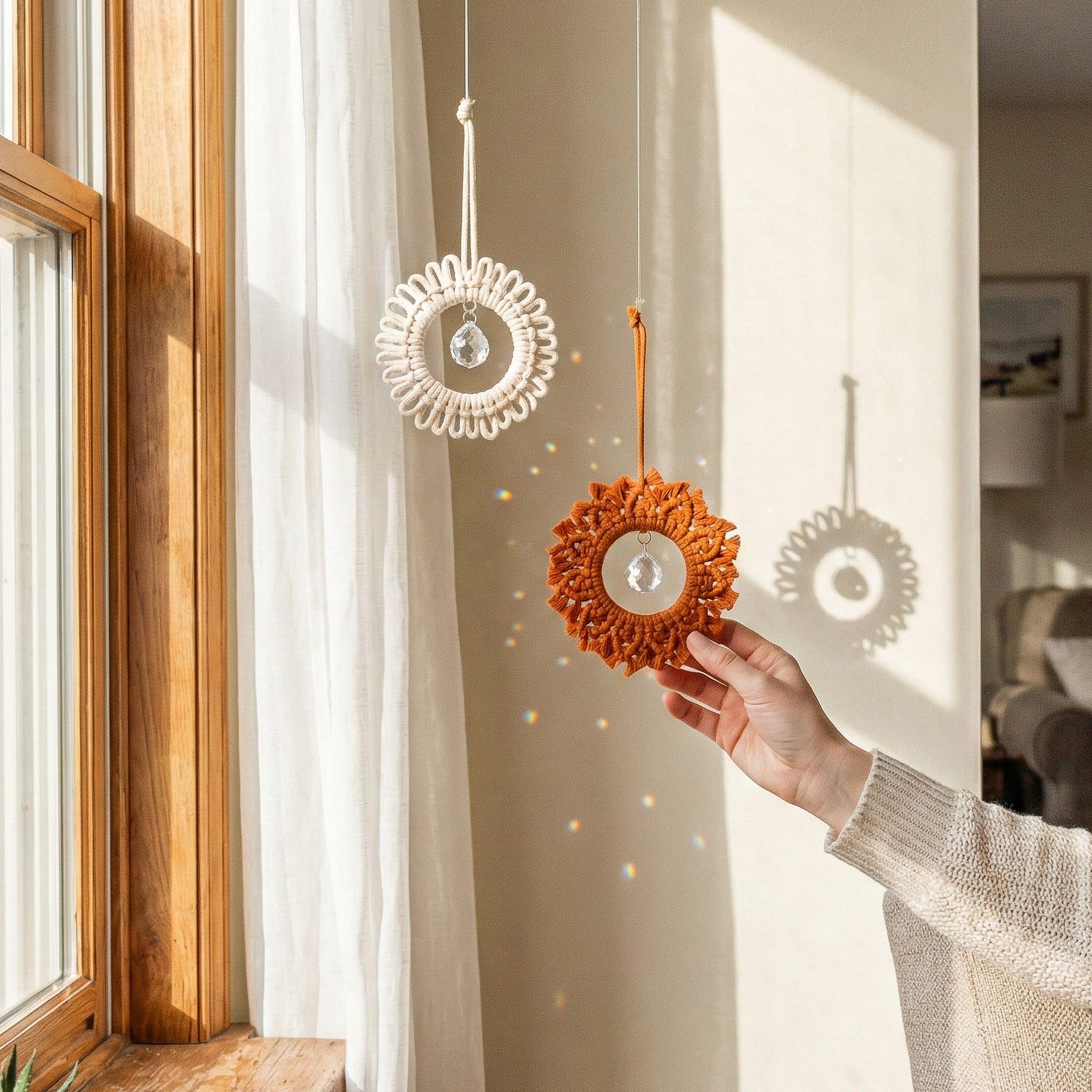 Macrame Crystal Suncatcher Ornament for Rainbow Window Decor U38