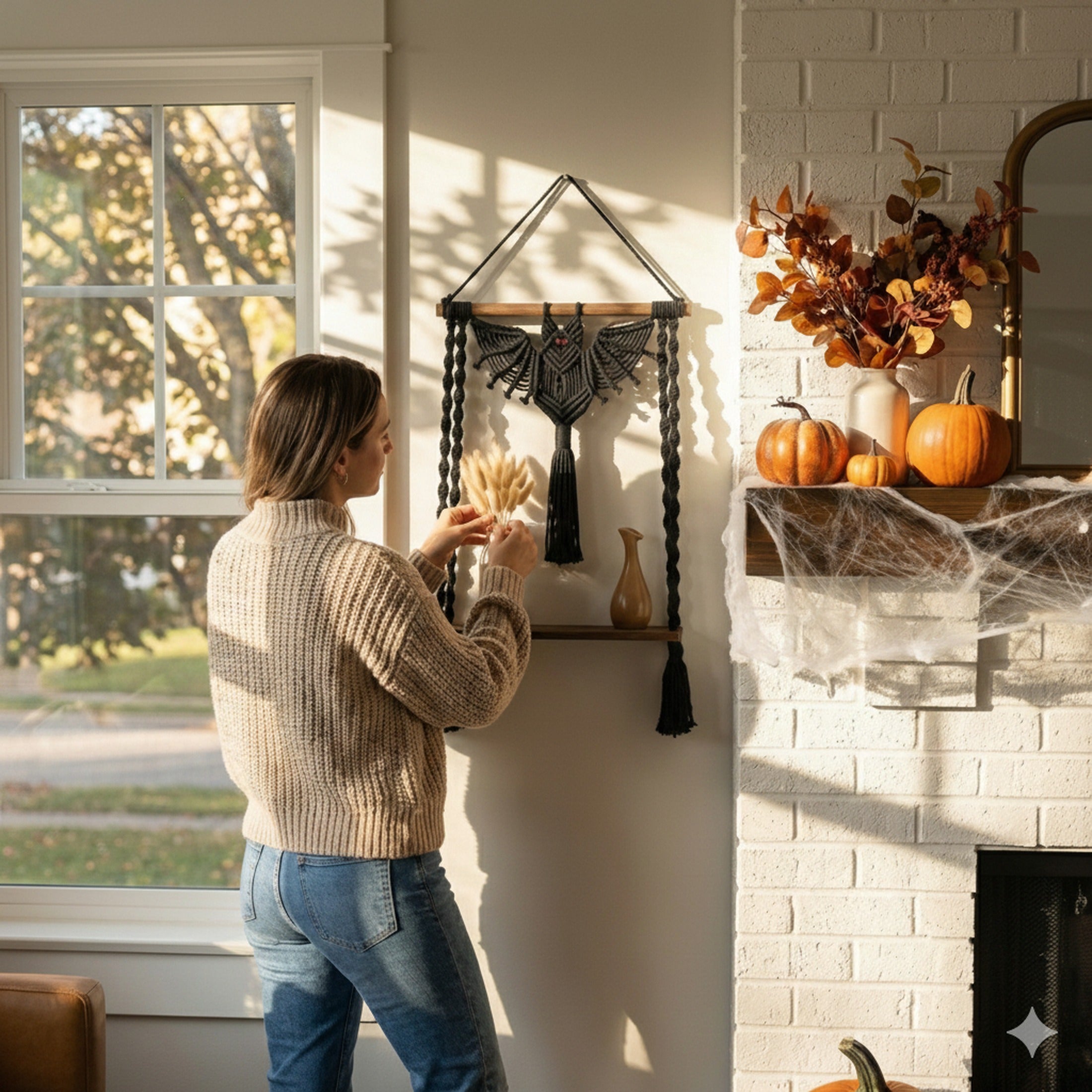 Macrame Bat Hanging Shelf with Natural Wood for Gothic Wall Decor W52