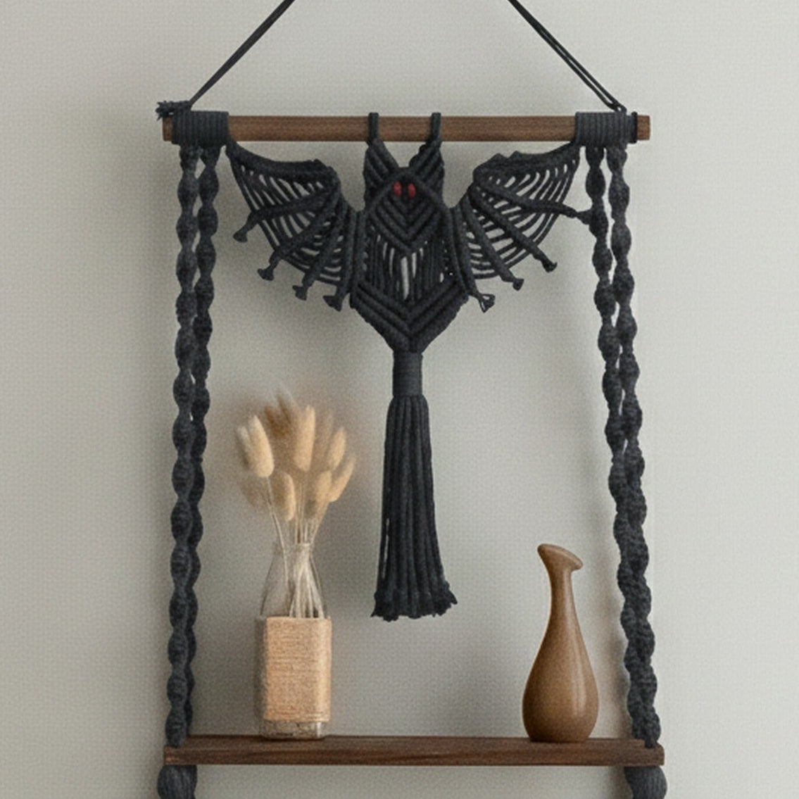 Macrame Bat Hanging Shelf with Natural Wood for Gothic Wall Decor W52