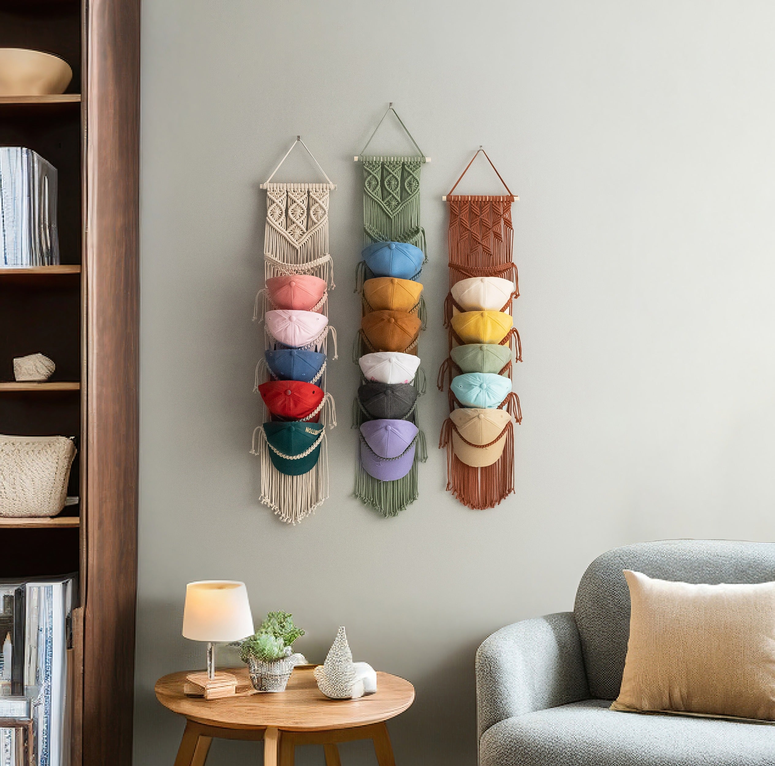 Macrame Strap-In Baseball Cap Organizer – Wall Hat Display H78