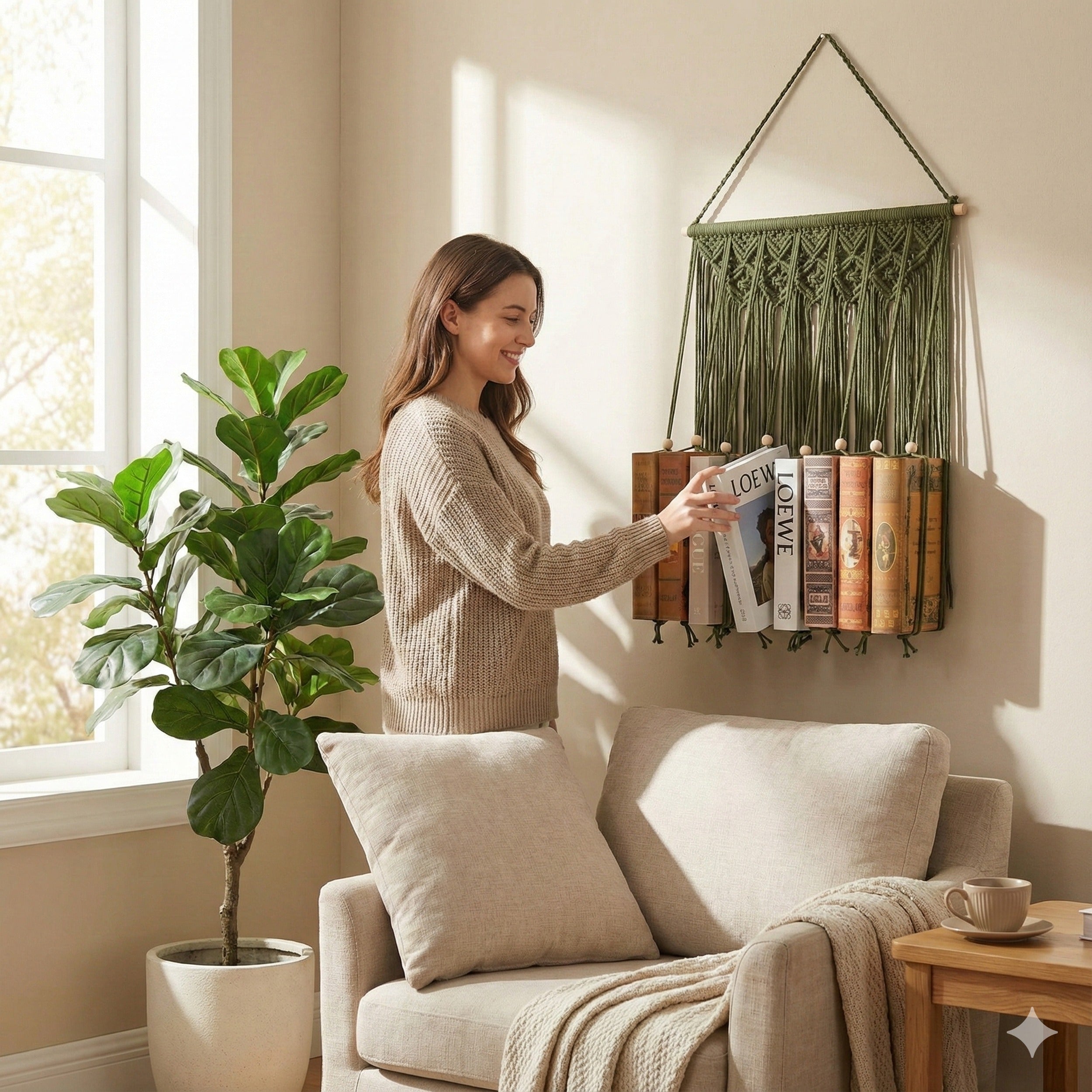 Macrame Book Holder Wall Hanging – Handmade Boho Book Storage H81