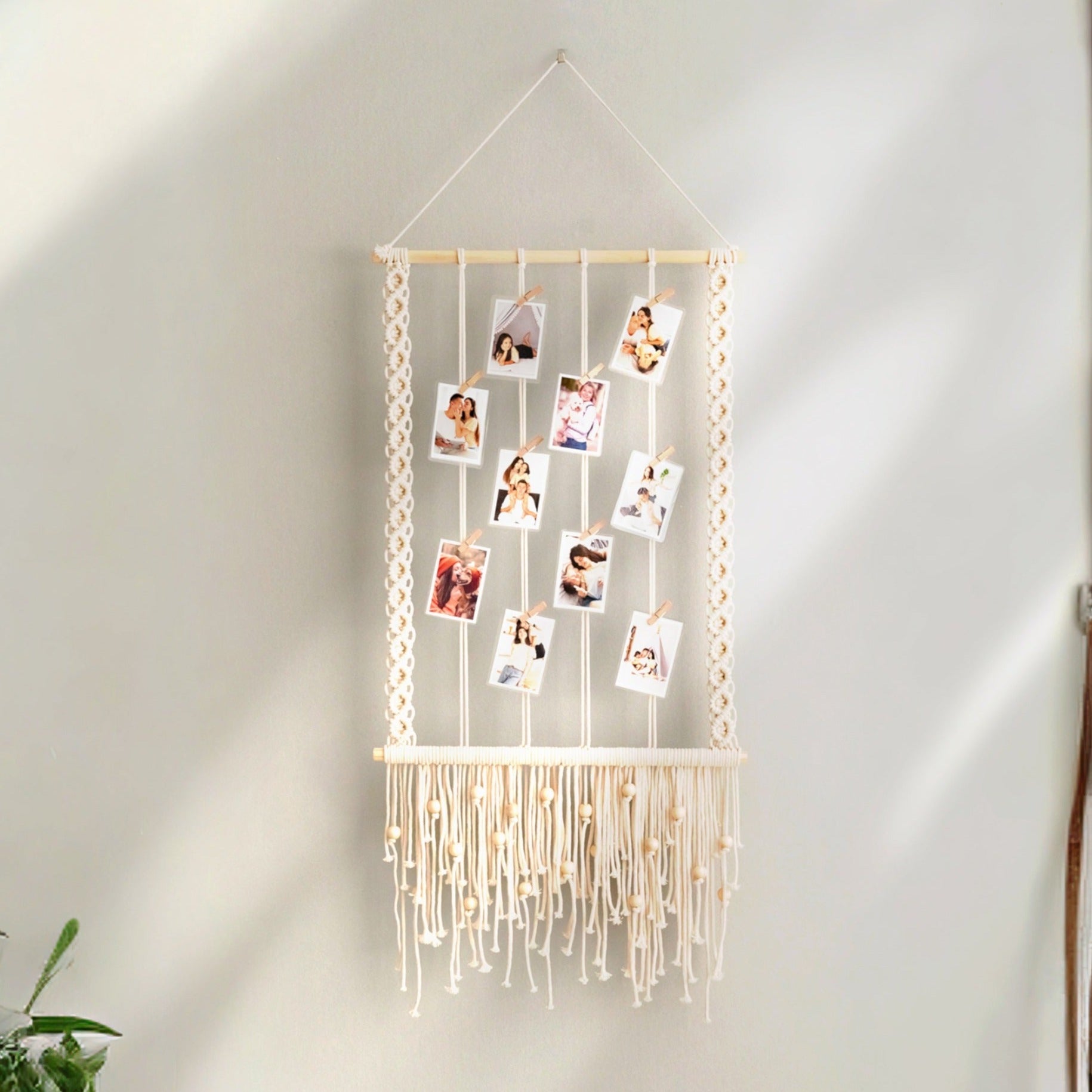 Macrame Wooden Bead Photo Hanger – Boho Wall Display H89