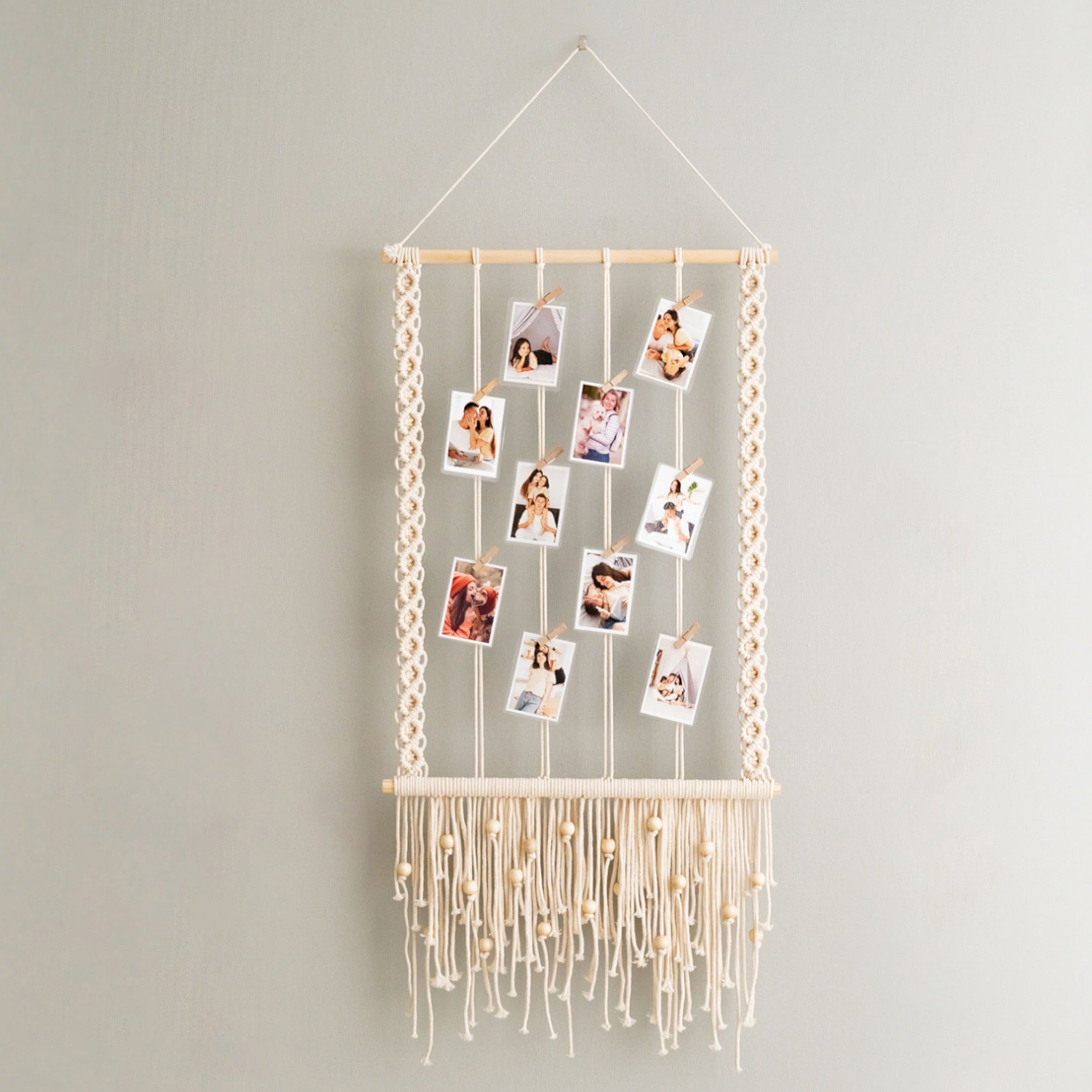 Macrame Wooden Bead Photo Hanger – Boho Wall Display H89