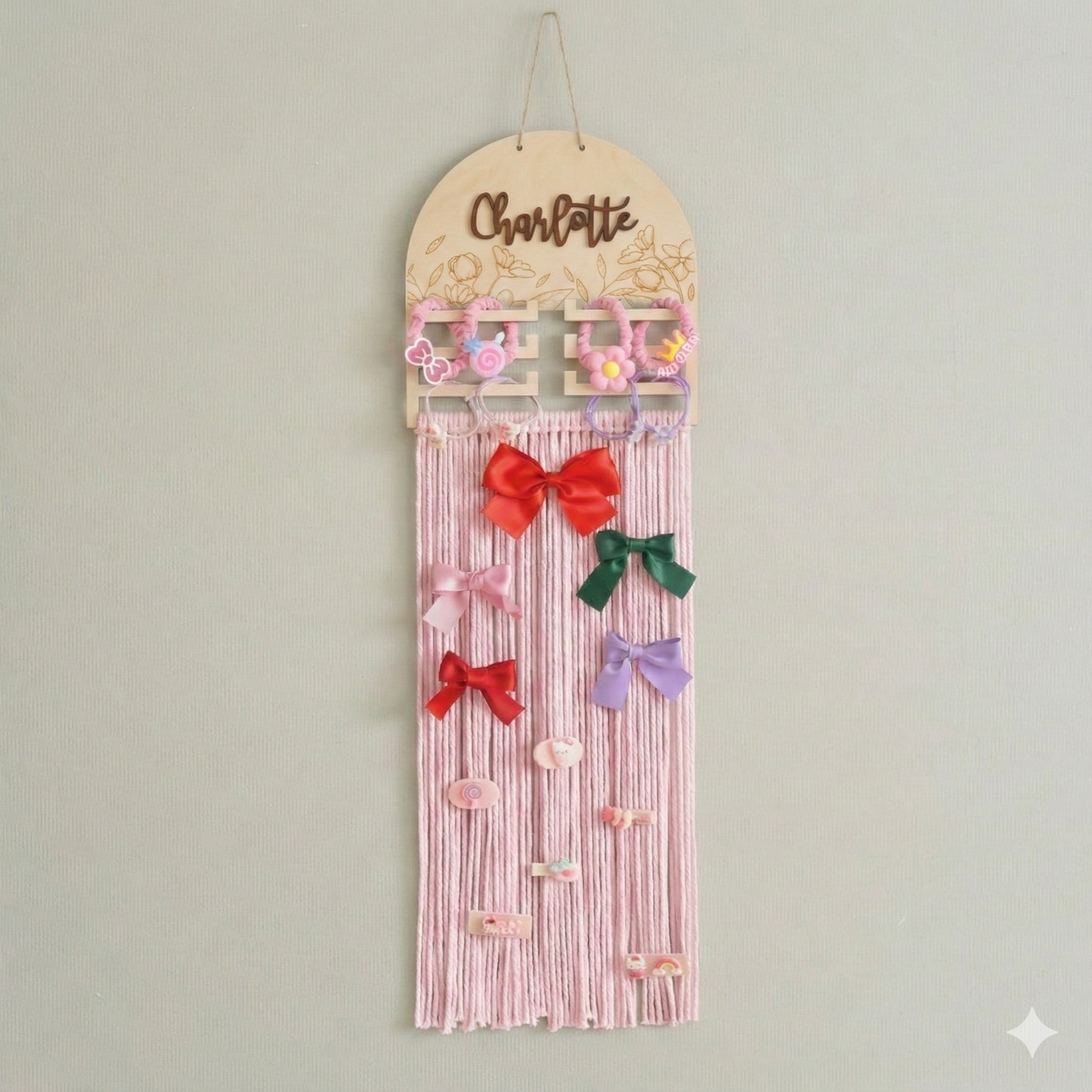Personalized Macrame Bow Holder - Wooden Wall Organizer for Girls H97